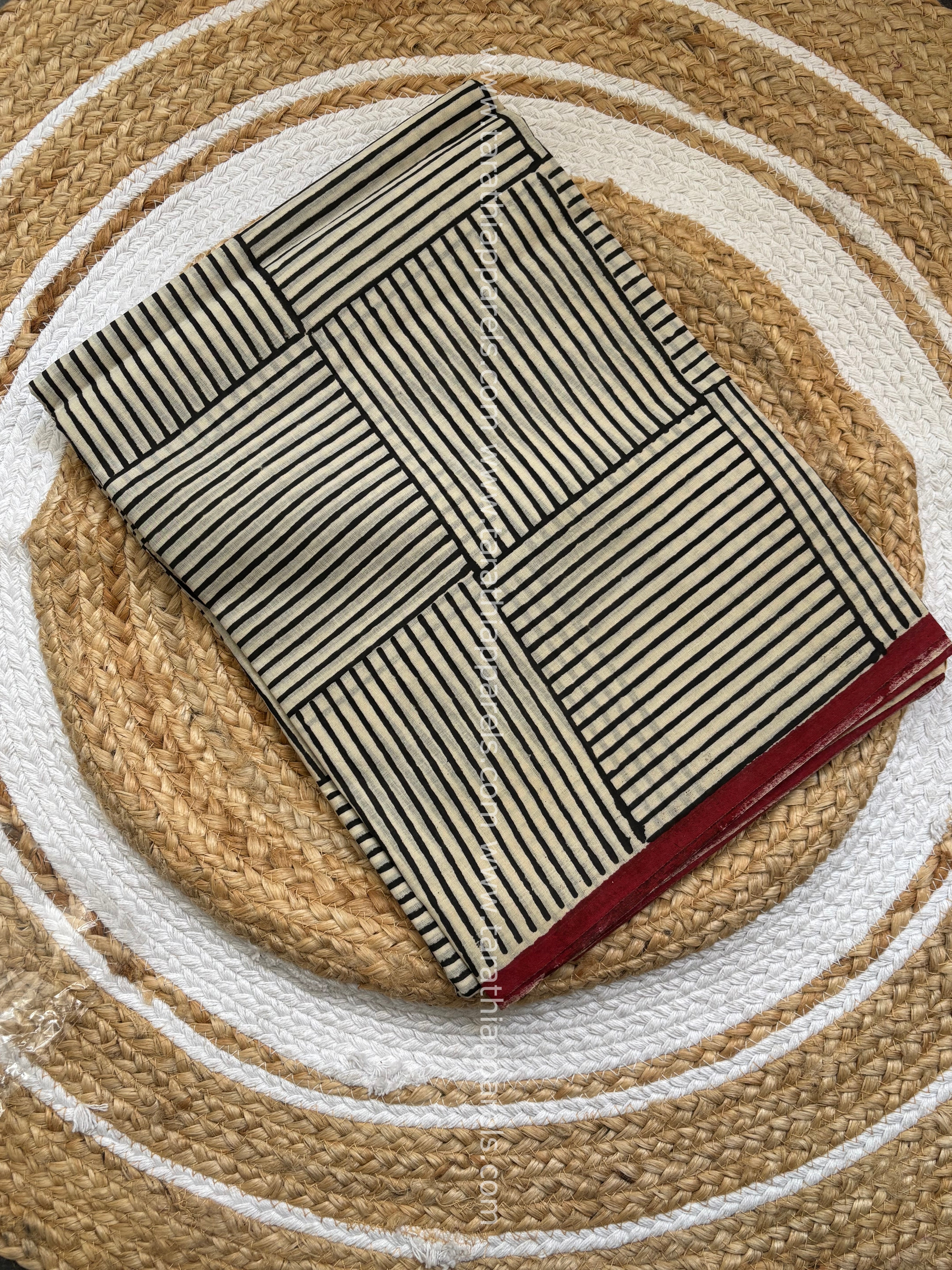 Tarathi Black and Cream  cotton saree