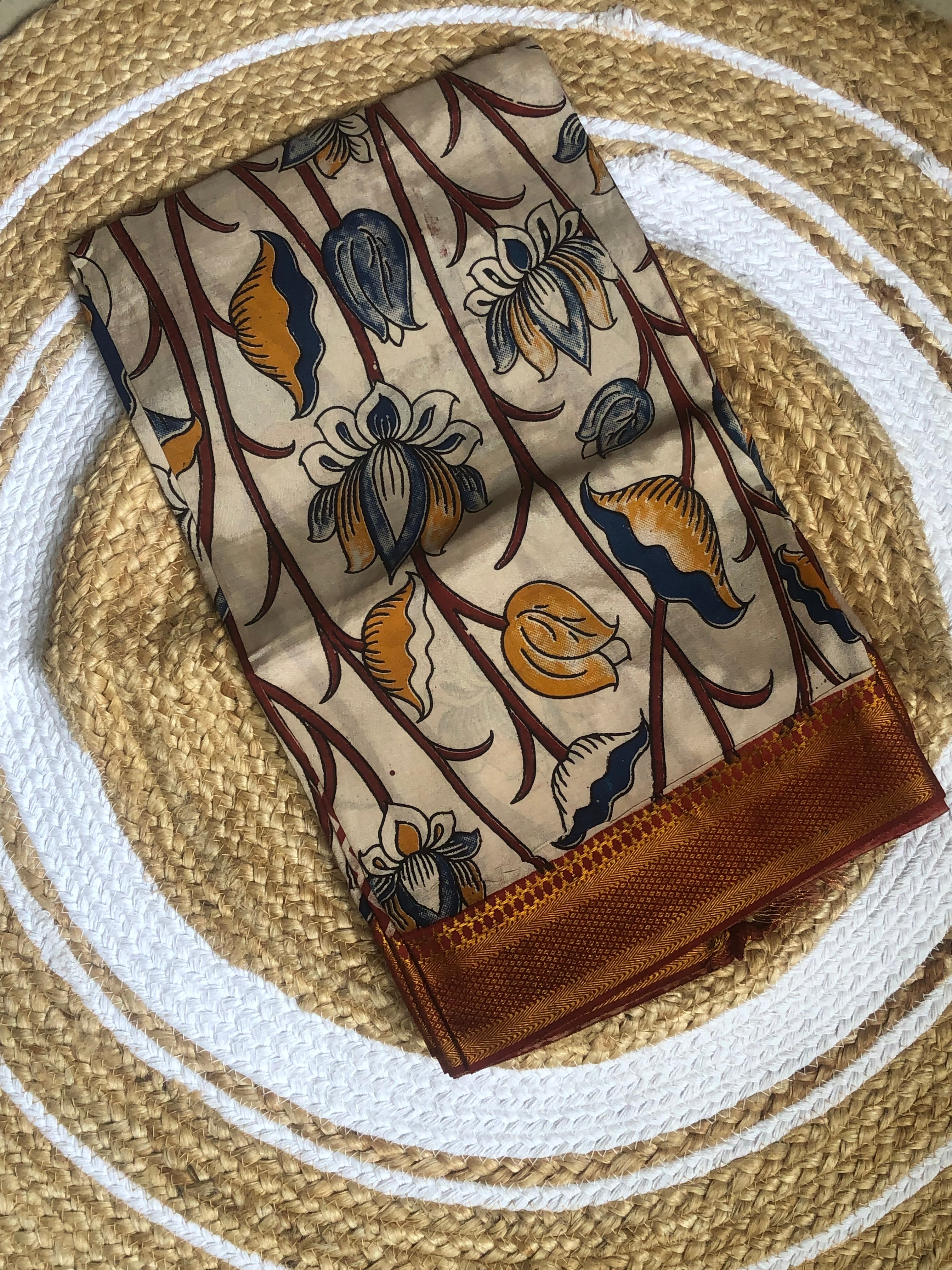 Handblock printed kalamkari Duppatta with Nizam Border