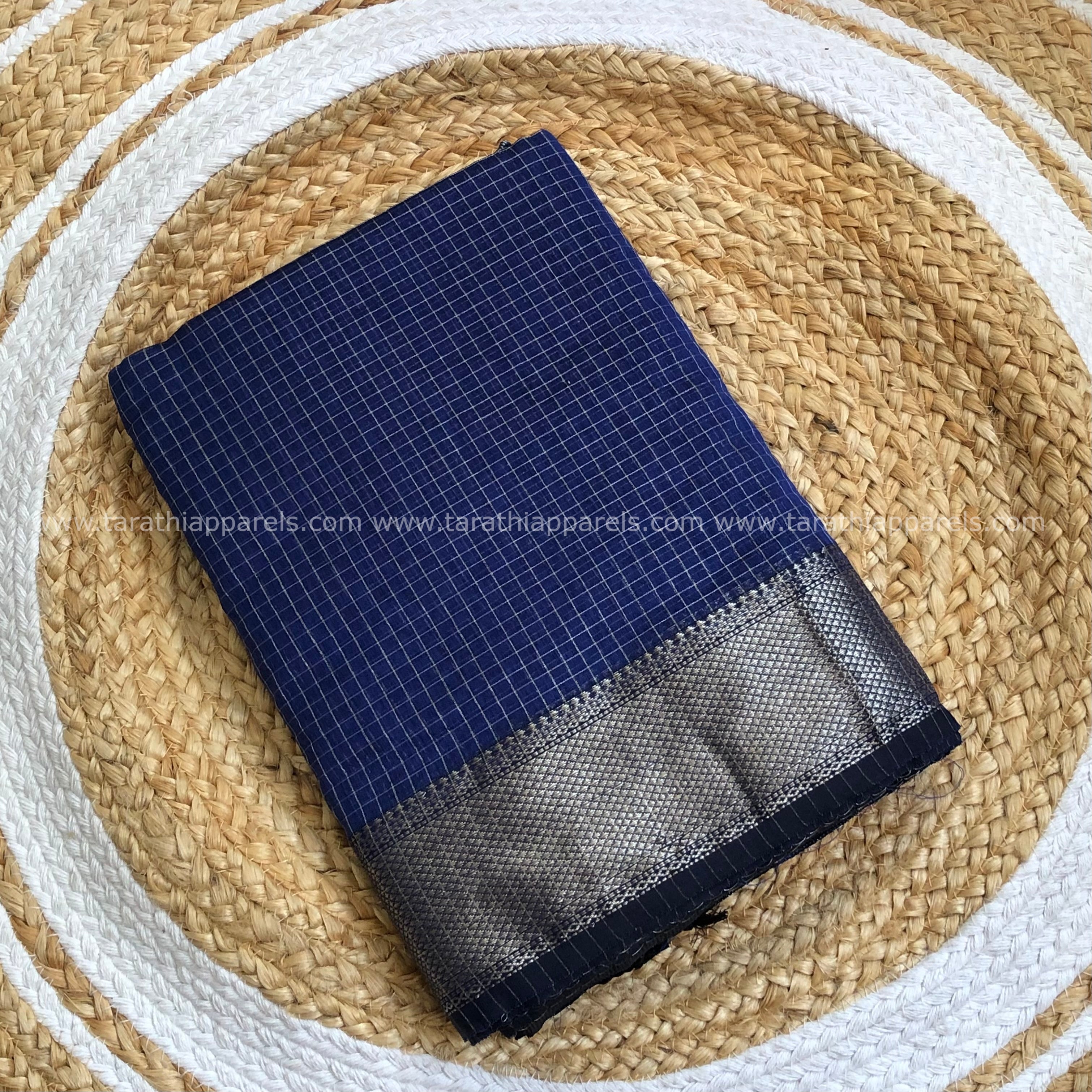 Blue Maheshwari Tissue Checks Silver Zari Border Saree HS01