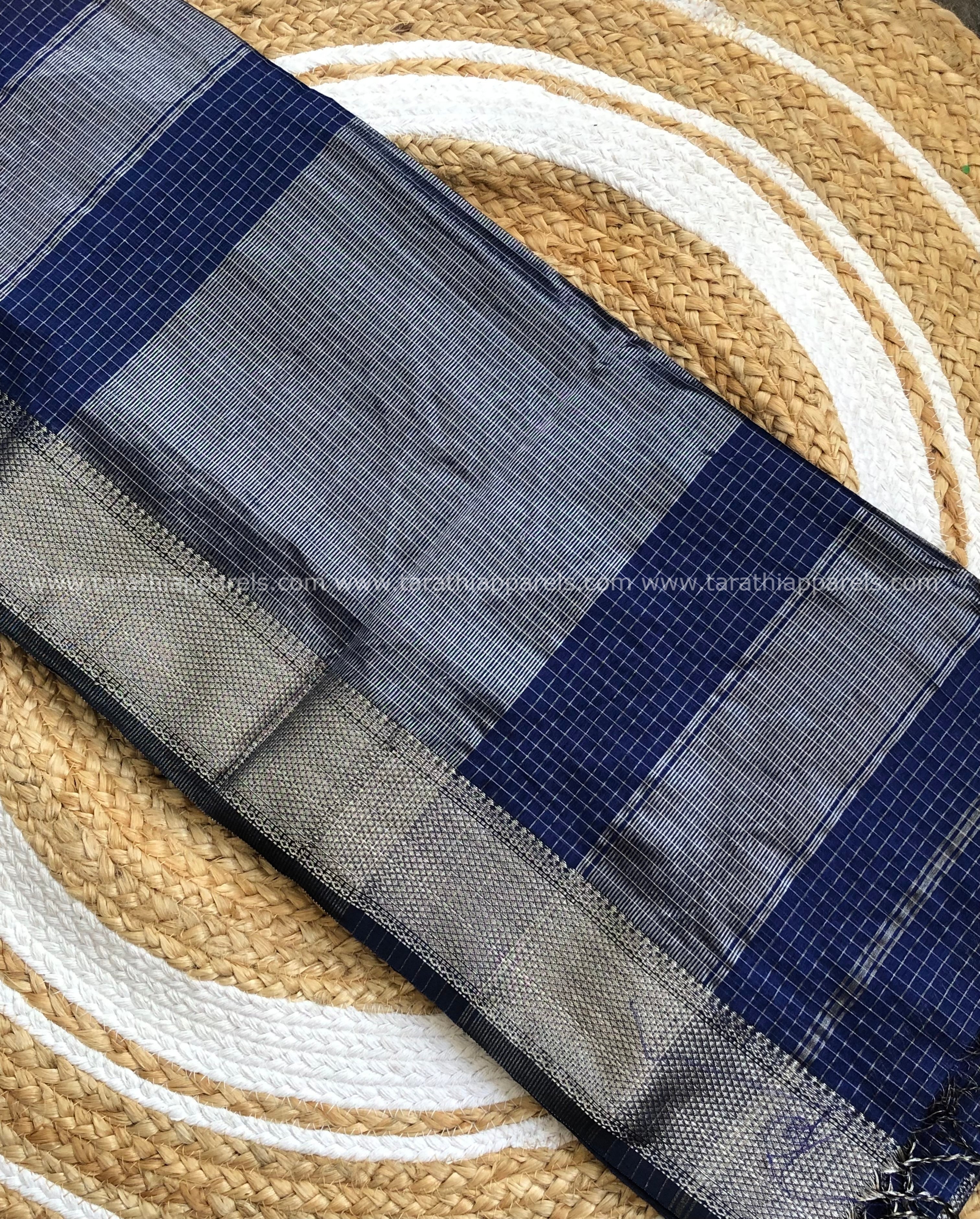 Blue Maheshwari Tissue Checks Silver Zari Border Saree HS01
