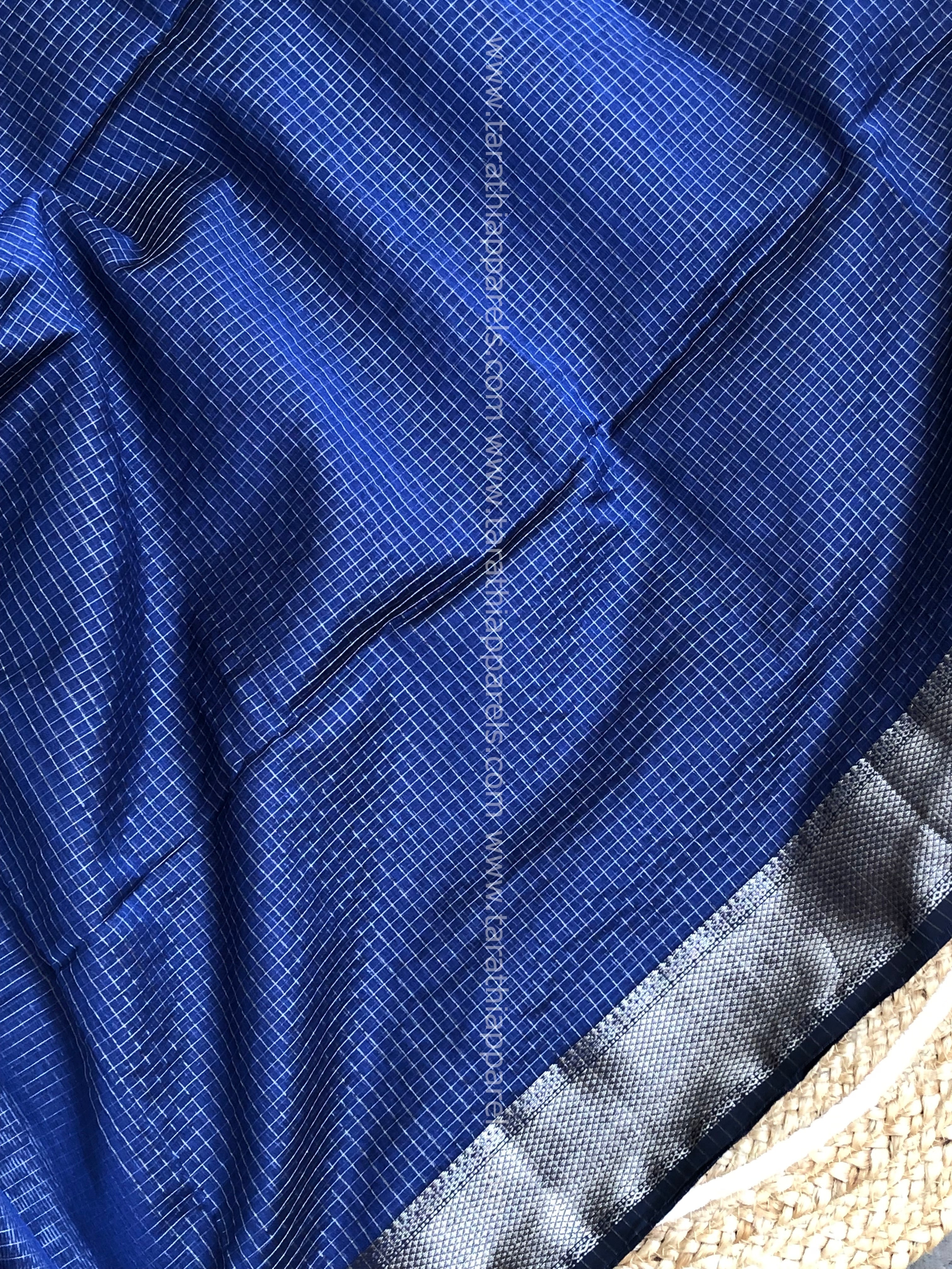 Blue Maheshwari Tissue Checks Silver Zari Border Saree HS01