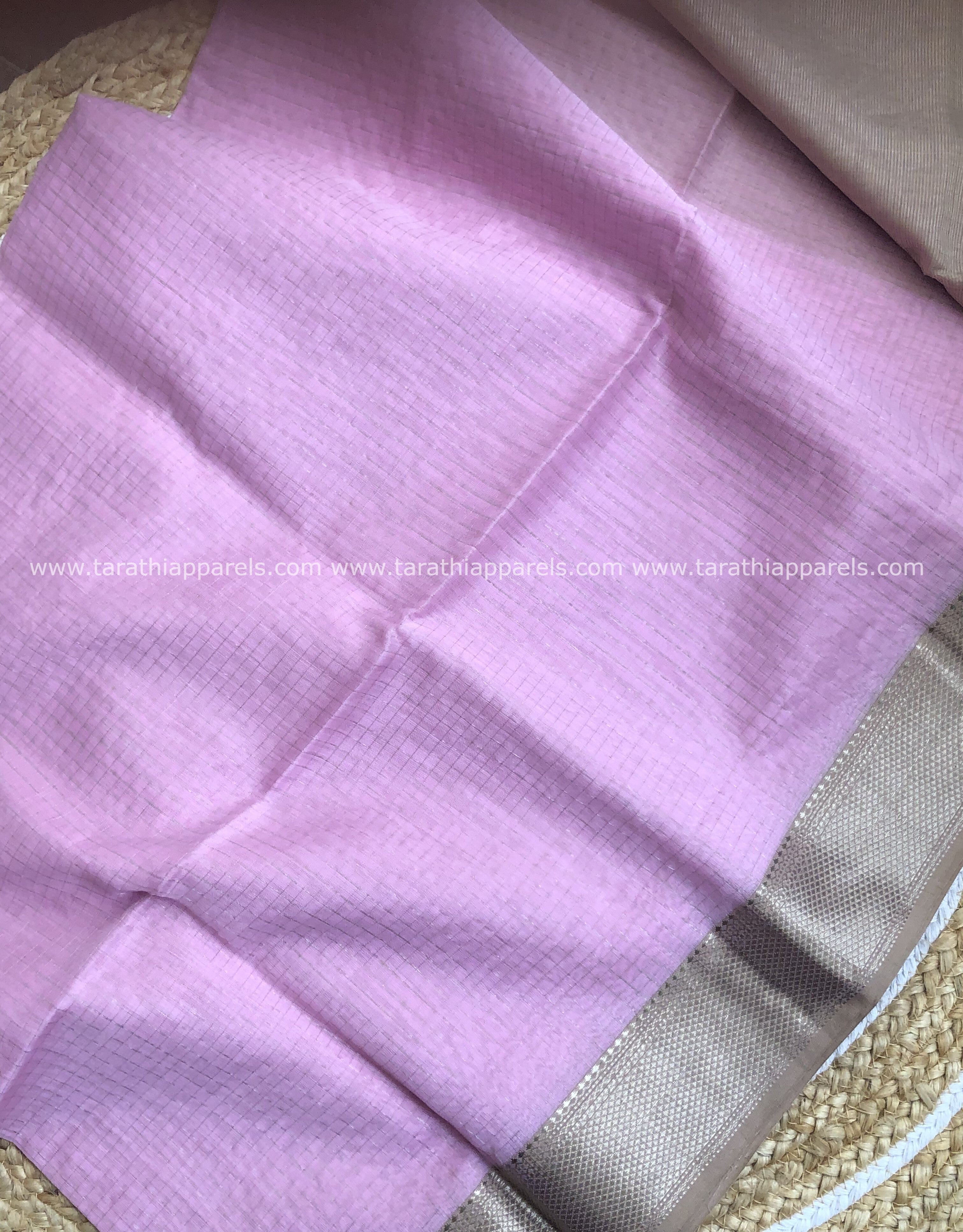 Baby Pink Maheshwari Tissue Checks Silver Zari Border Saree HS02