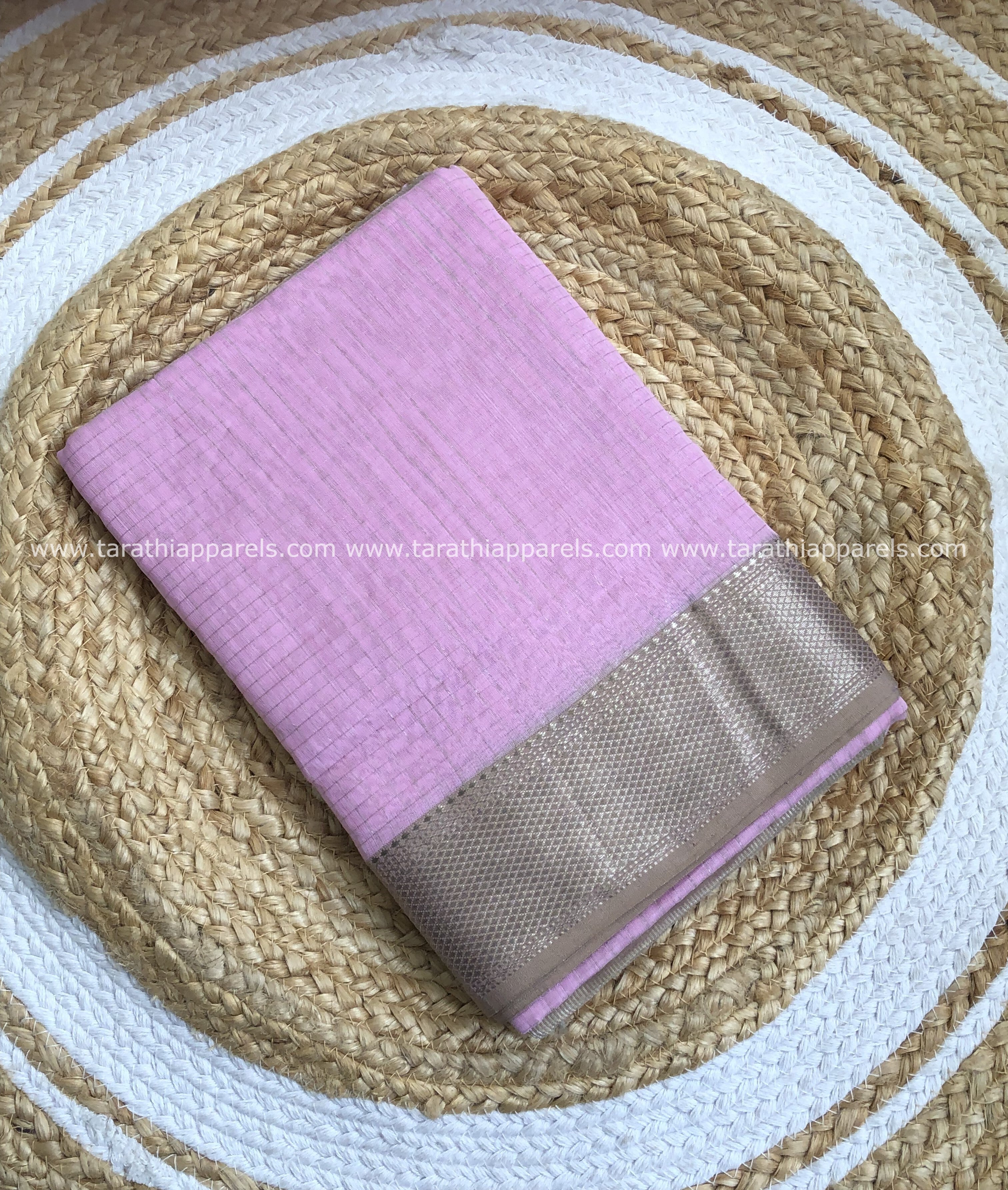 Baby Pink Maheshwari Tissue Checks Silver Zari Border Saree HS02