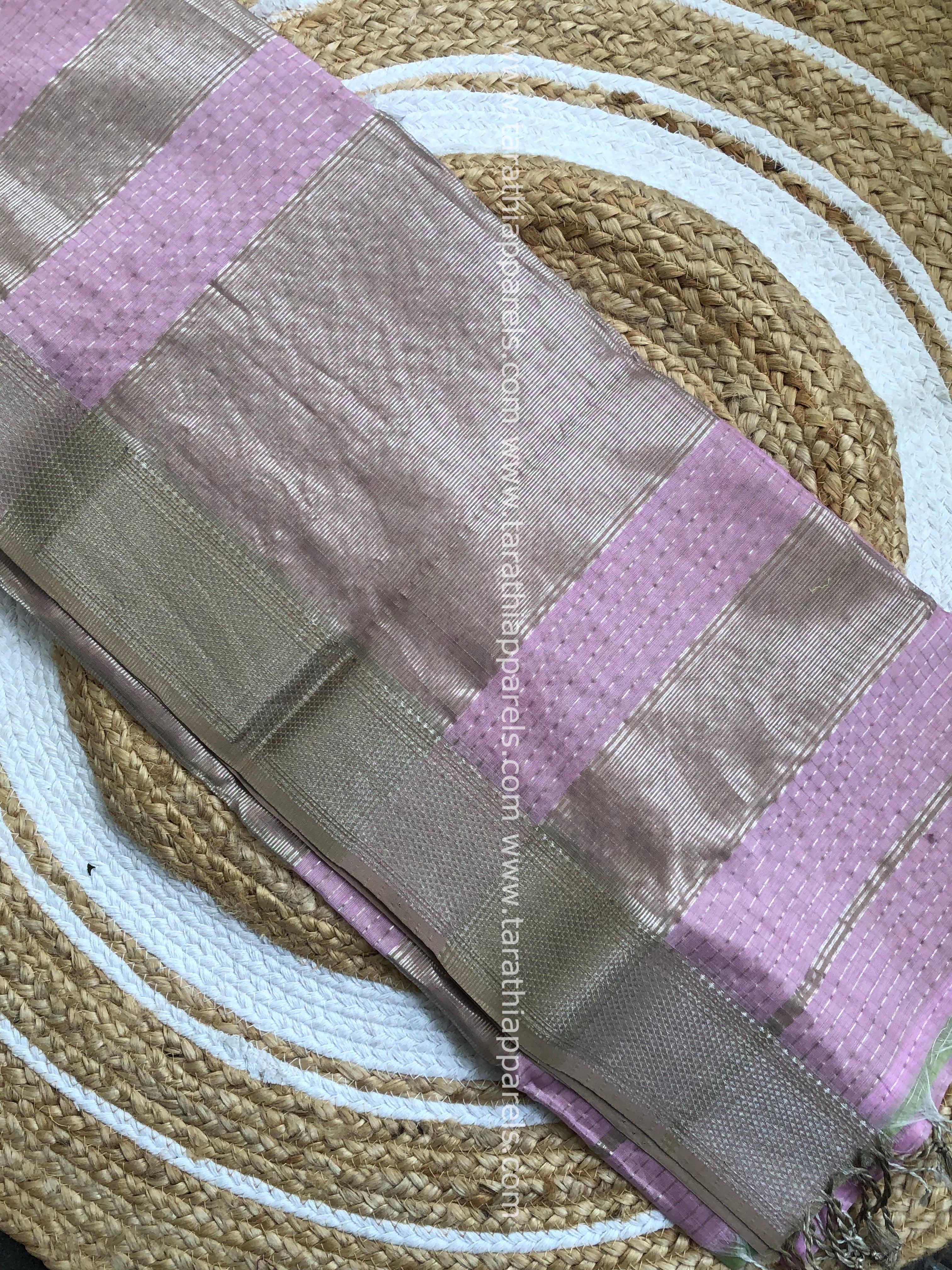 Baby Pink Maheshwari Tissue Checks Silver Zari Border Saree HS02