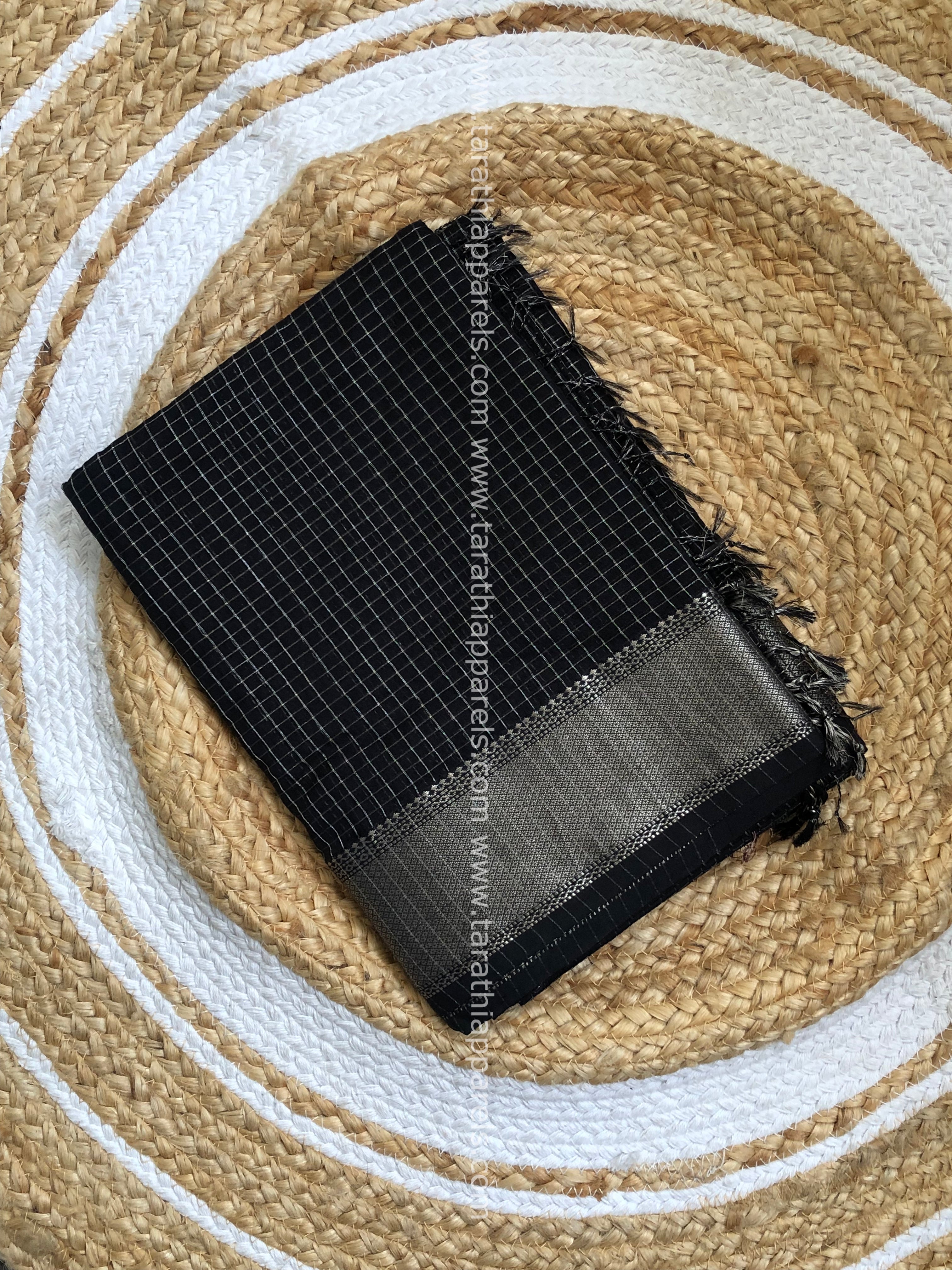Black Maheshwari Tissue Checks Silver Zari Border Saree HS03