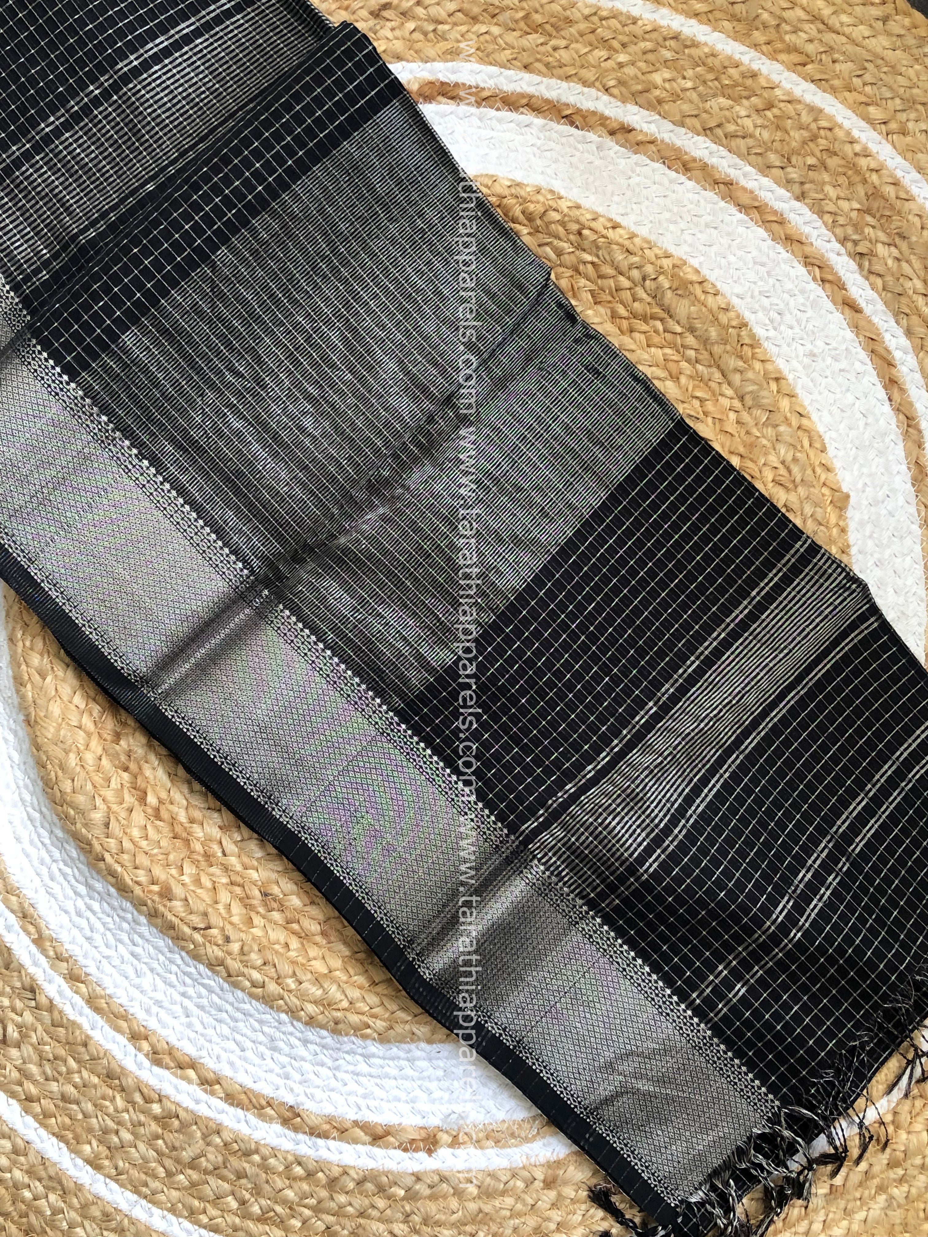 Black Maheshwari Tissue Checks Silver Zari Border Saree HS03