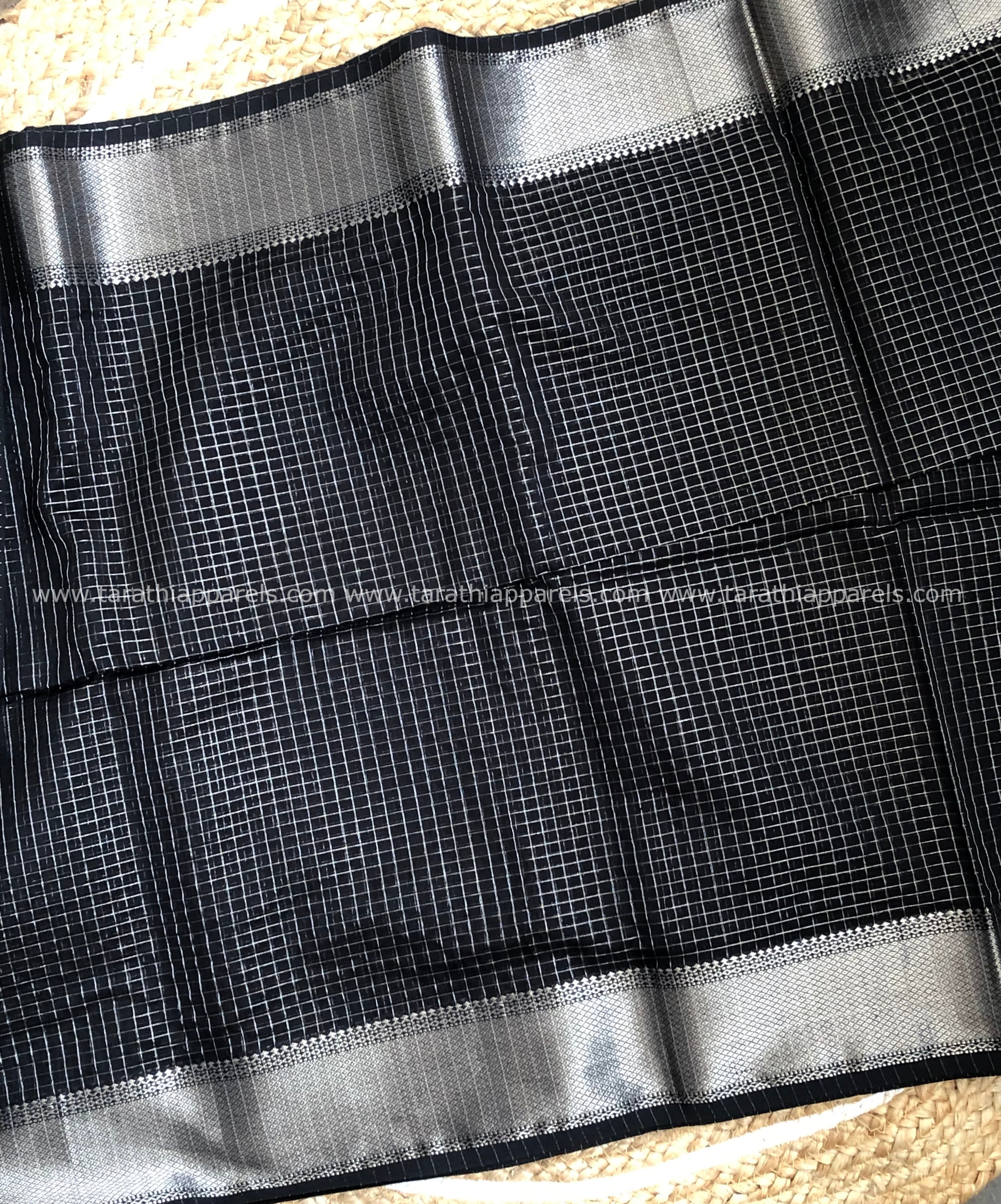 Black Maheshwari Tissue Checks Silver Zari Border Saree HS03