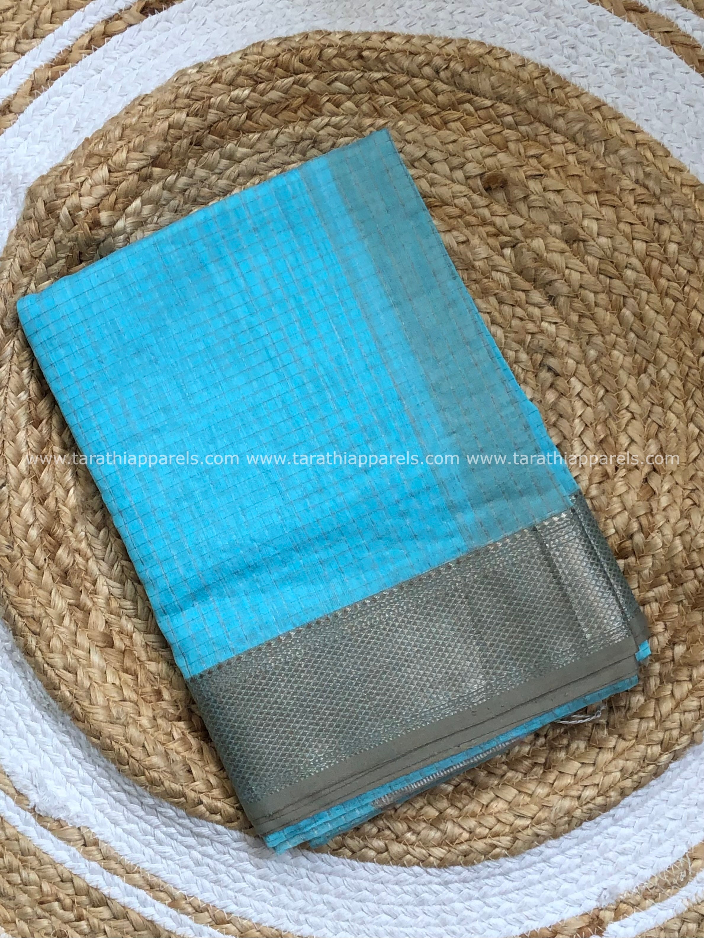 Sky Blue Maheshwari Tissue Checks Silver Zari Border Saree HS04