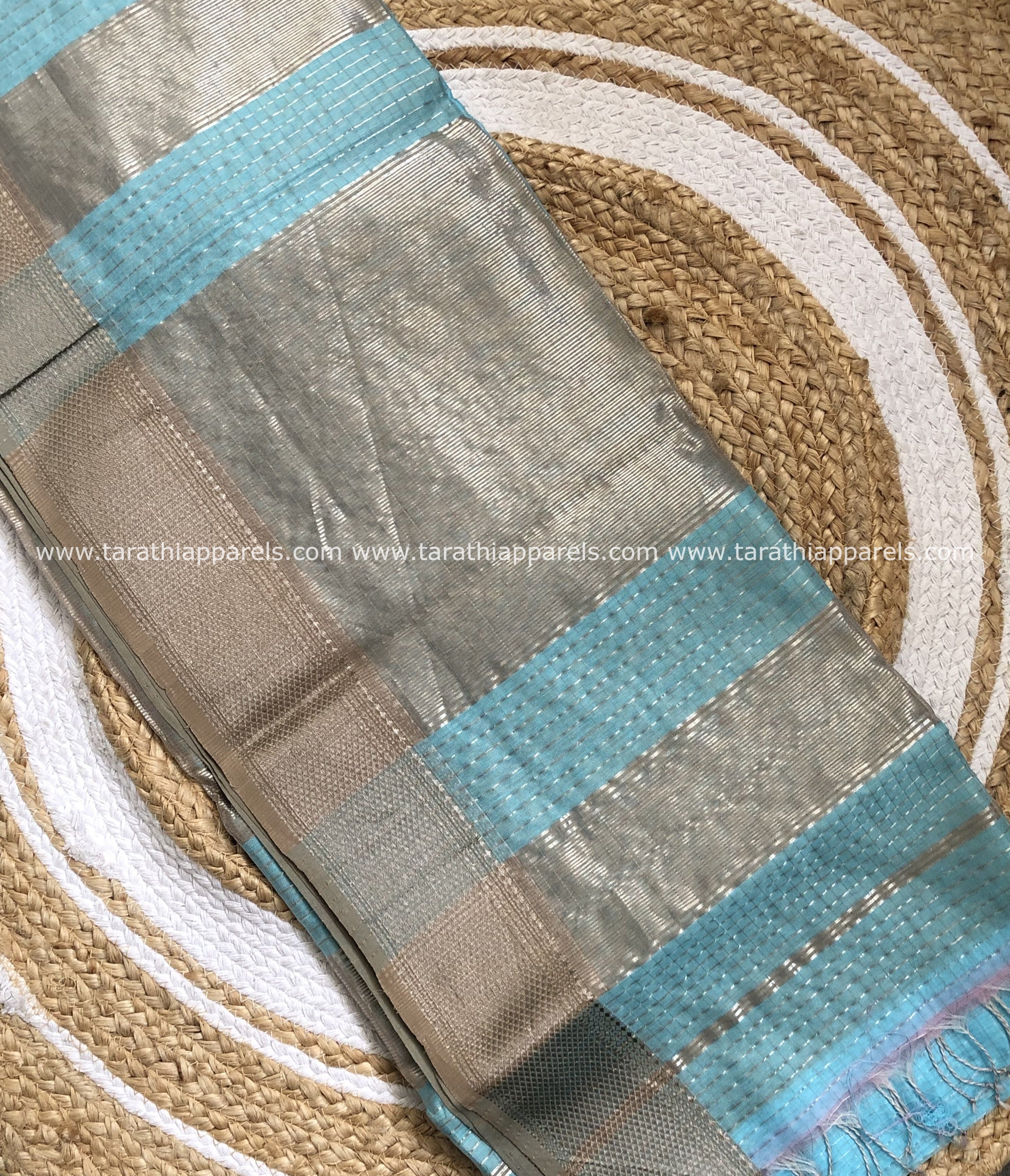 Sky Blue Maheshwari Tissue Checks Silver Zari Border Saree HS04