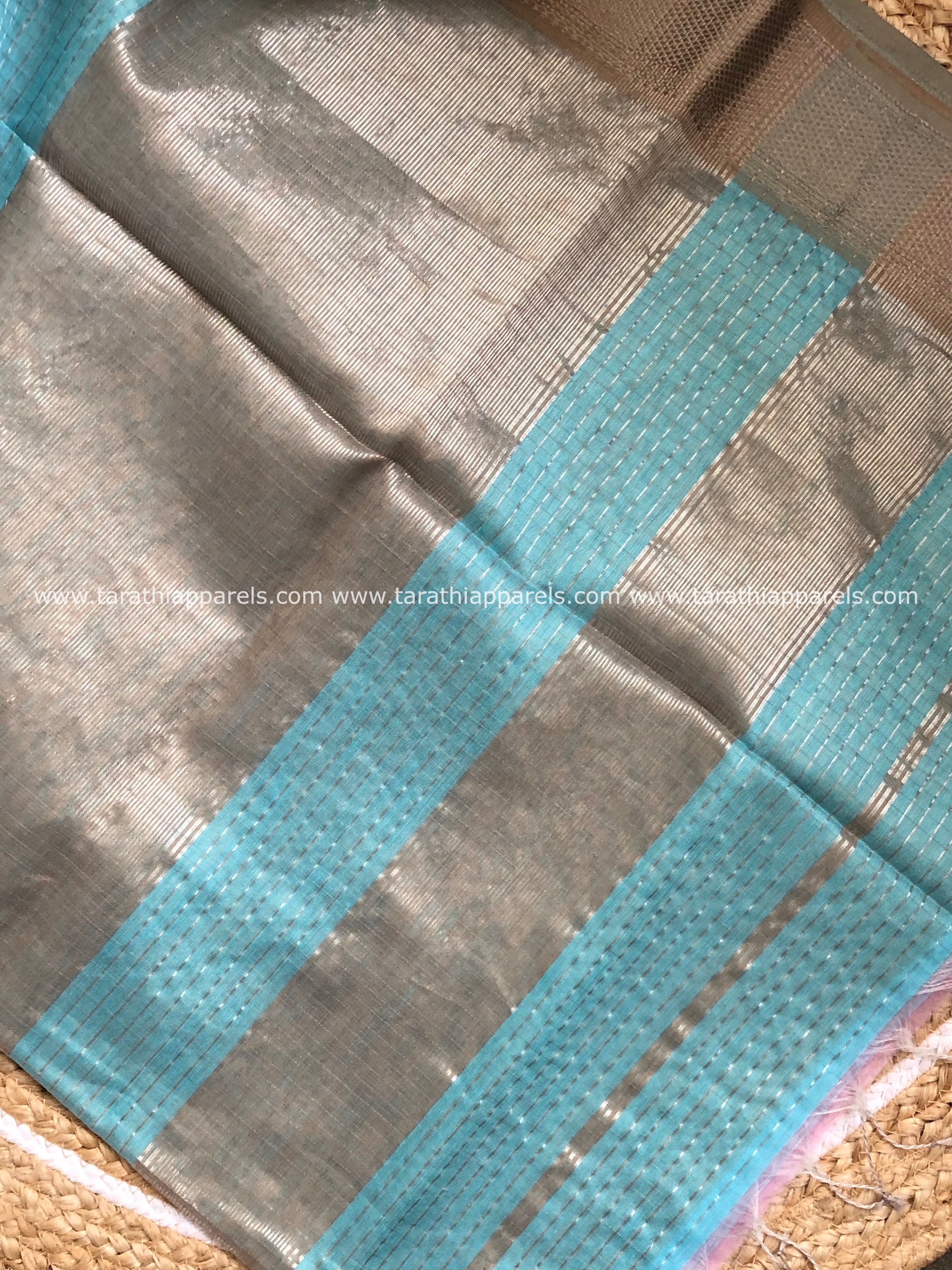 Sky Blue Maheshwari Tissue Checks Silver Zari Border Saree HS04