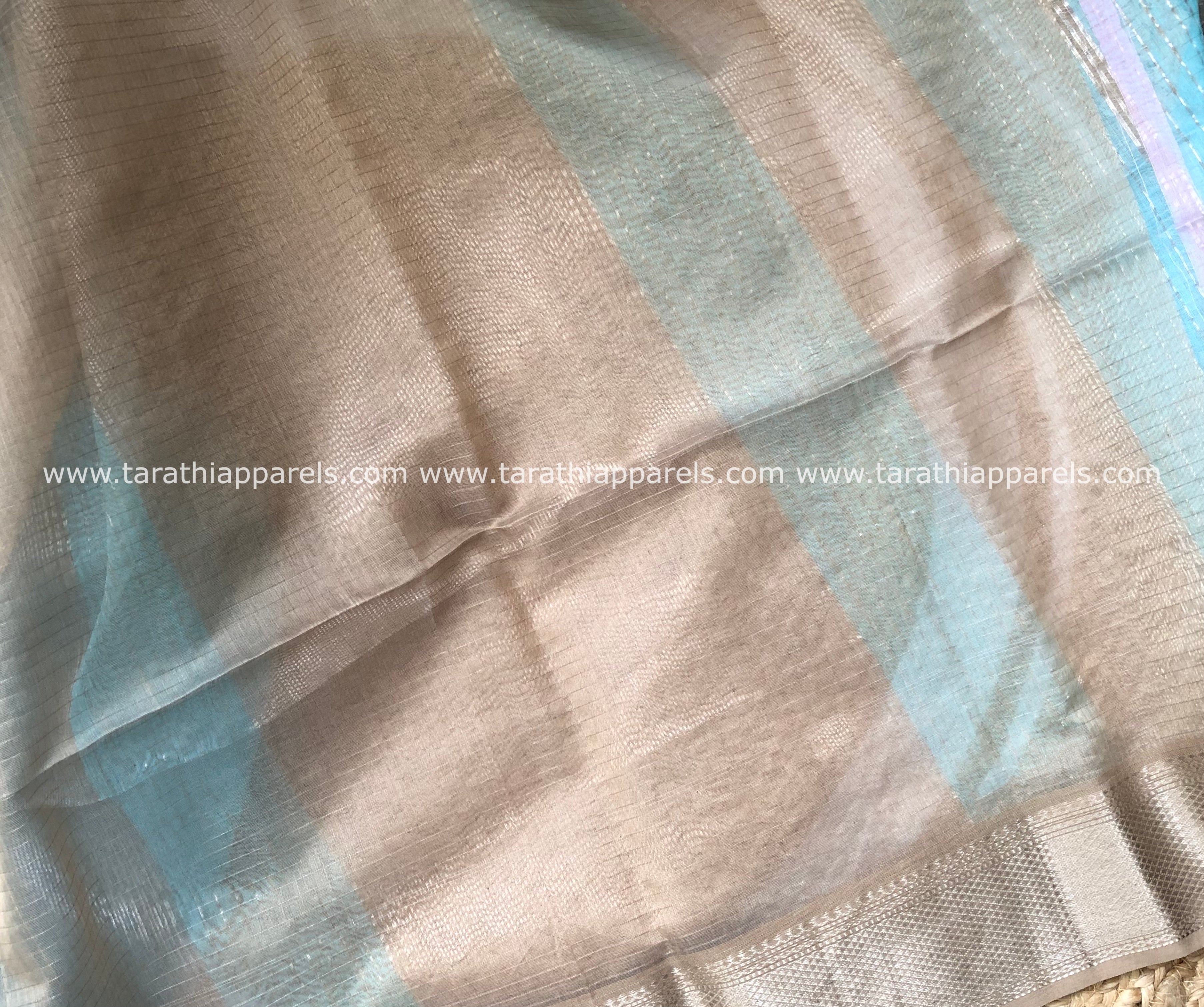 Sky Blue Maheshwari Tissue Checks Silver Zari Border Saree HS04