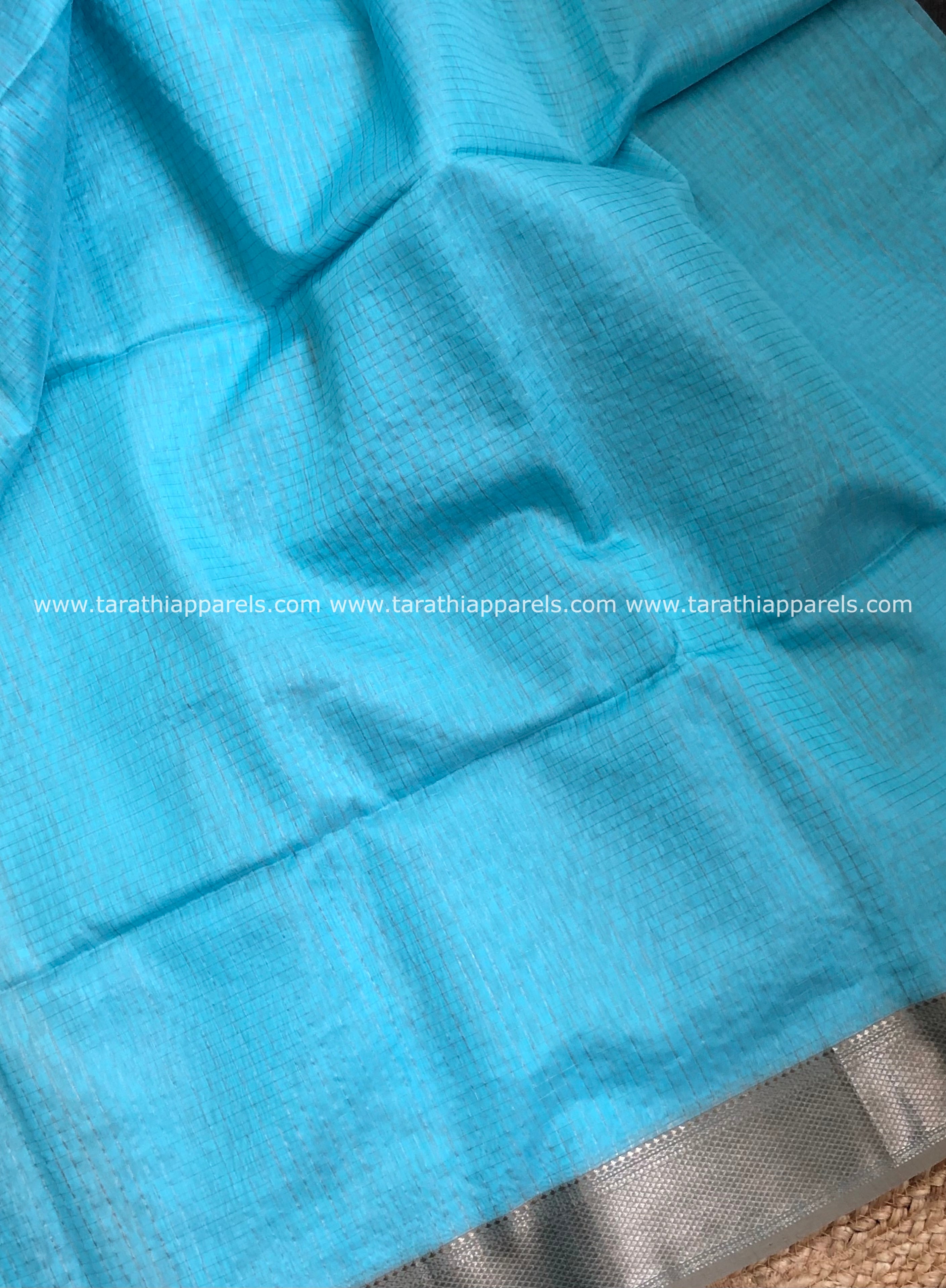 Sky Blue Maheshwari Tissue Checks Silver Zari Border Saree HS04