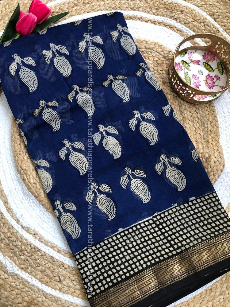 Tarathi Blue and black Maheshwari silk cotton saree