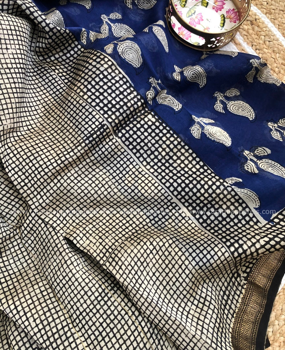 Tarathi Blue and black Maheshwari silk cotton saree