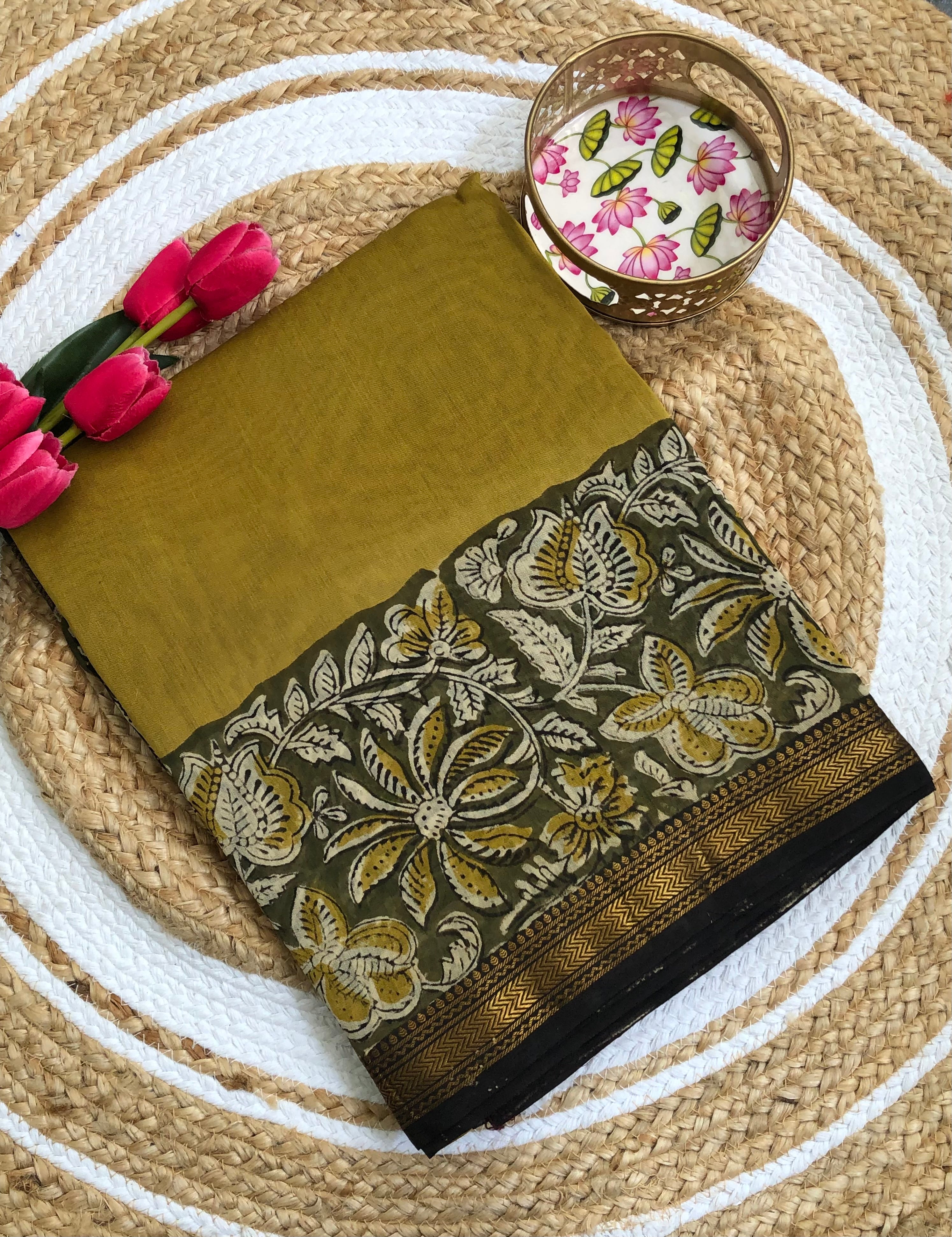 Tarathi Mustard Yellow Maheshwari silk cotton saree