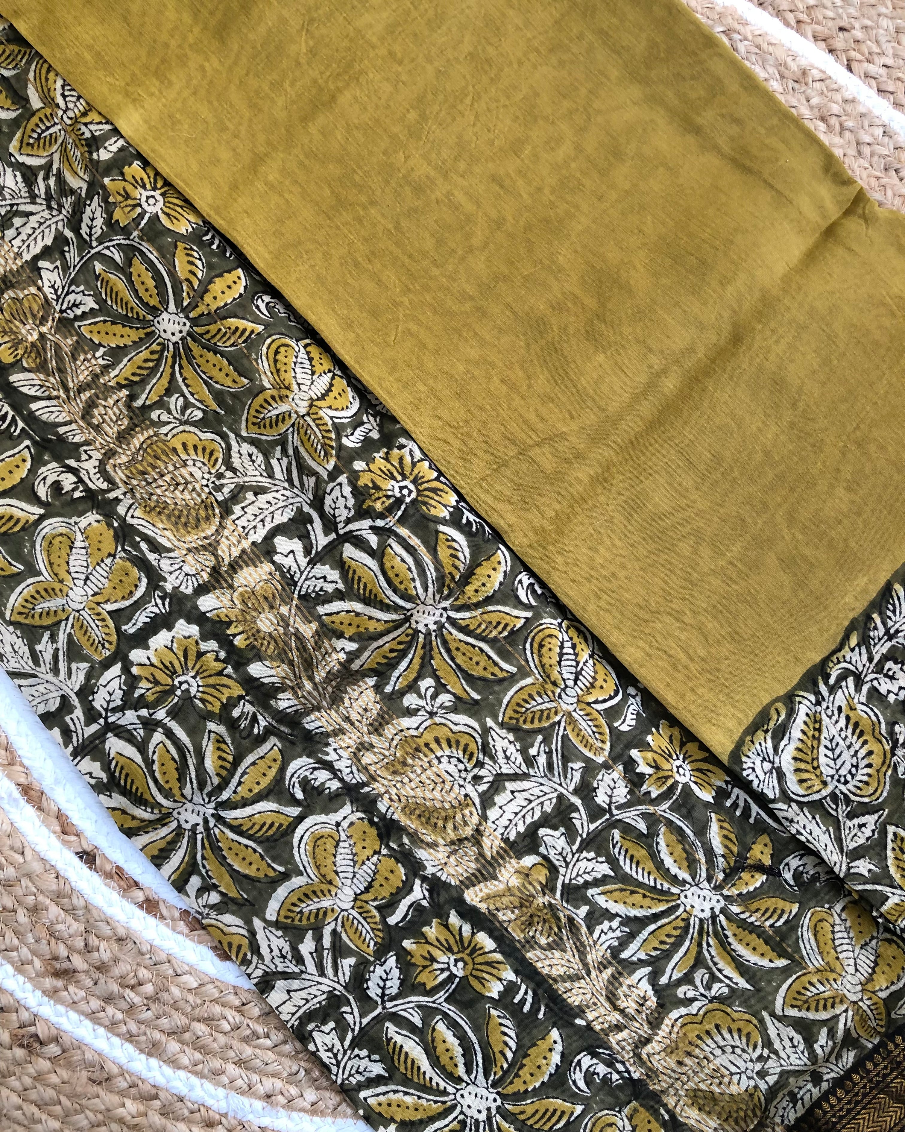 Tarathi Mustard Yellow Maheshwari silk cotton saree