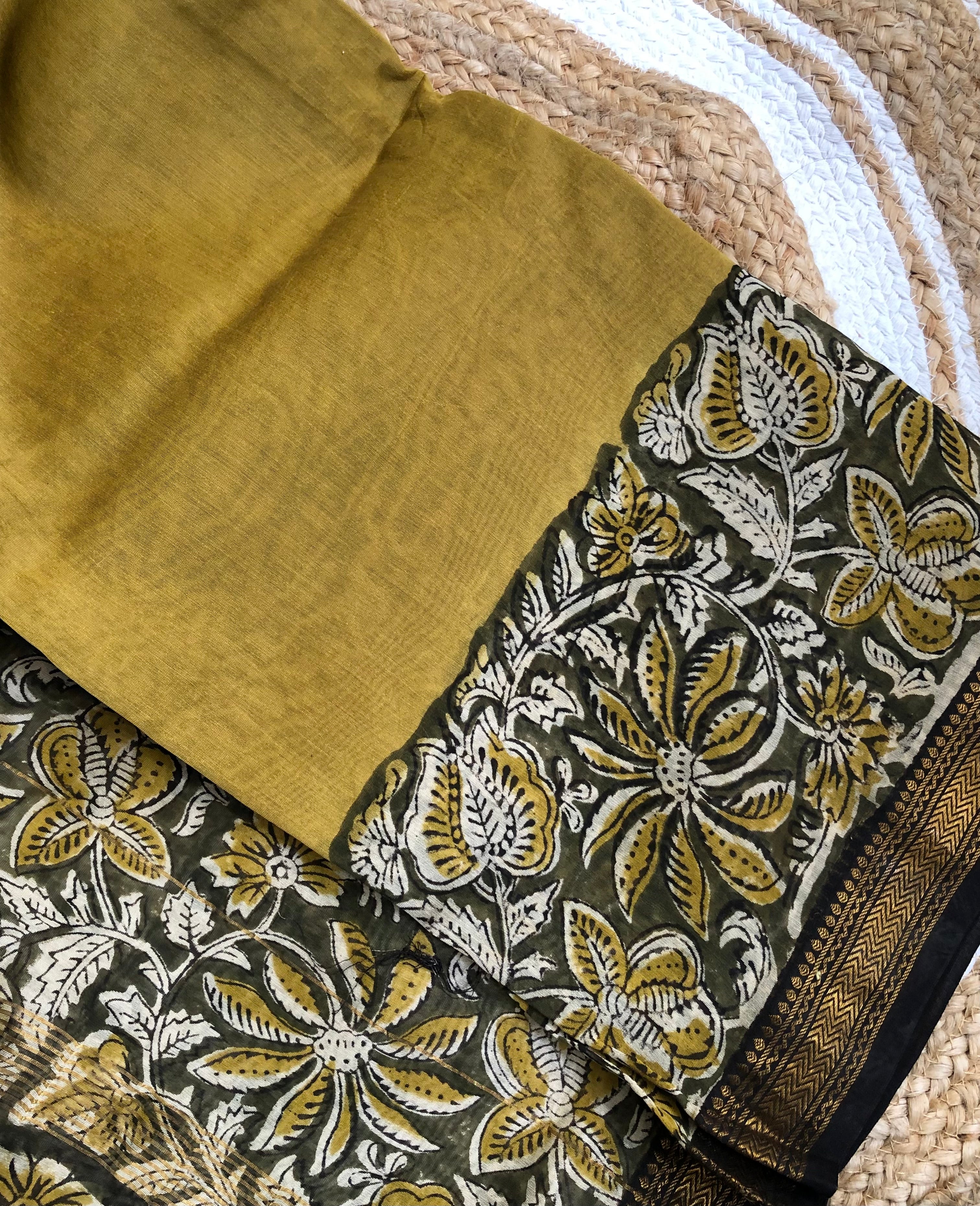 Tarathi Mustard Yellow Maheshwari silk cotton saree
