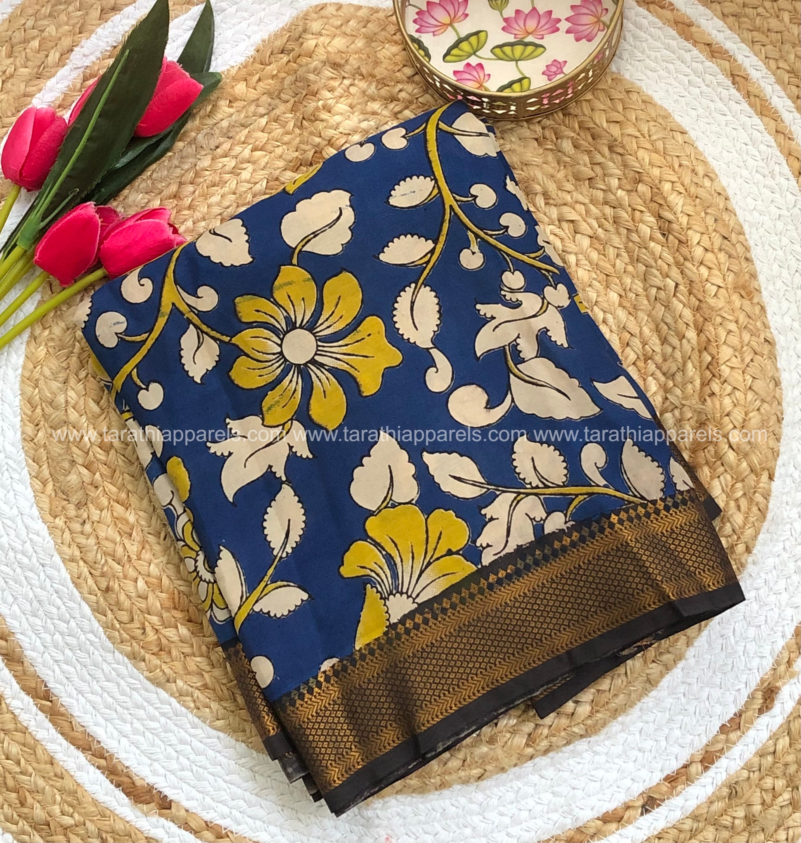 Tarathi Blue with yellow Floral print kalamkari saree with Nizam Border