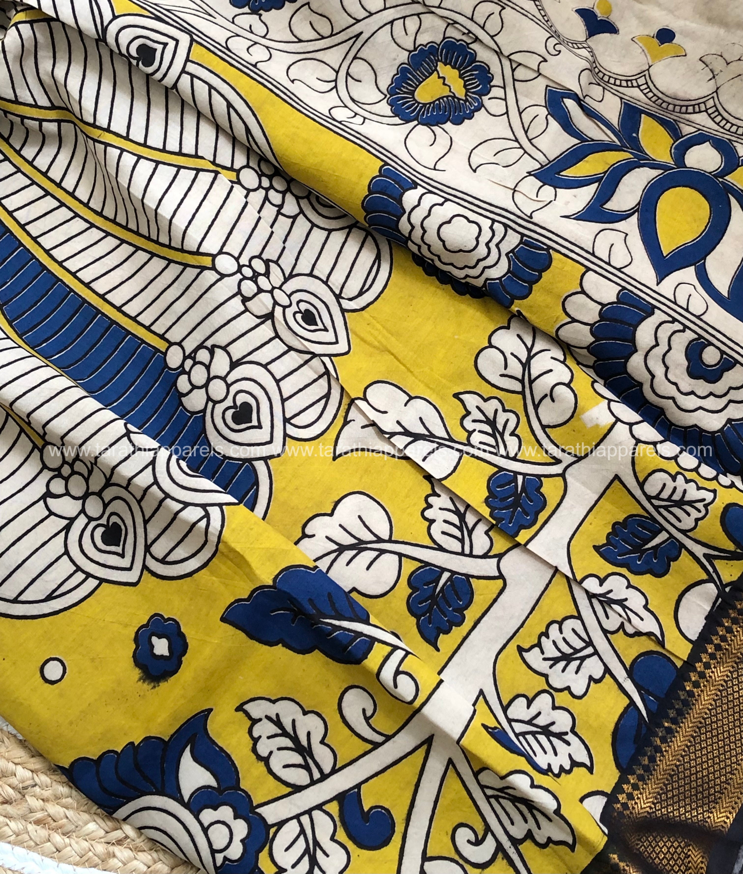 Tarathi Blue with yellow Floral print kalamkari saree with Nizam Border