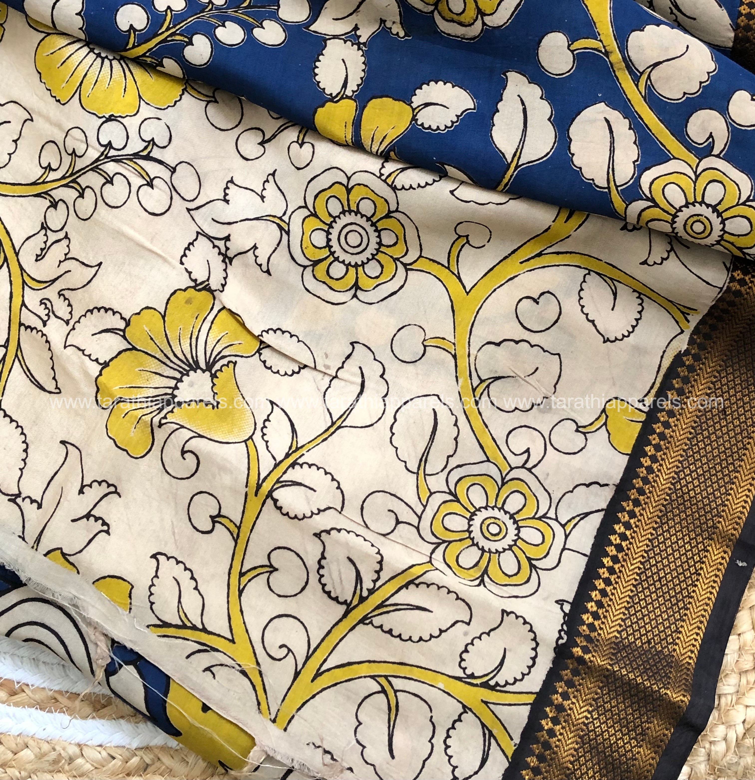 Tarathi Blue with yellow Floral print kalamkari saree with Nizam Border