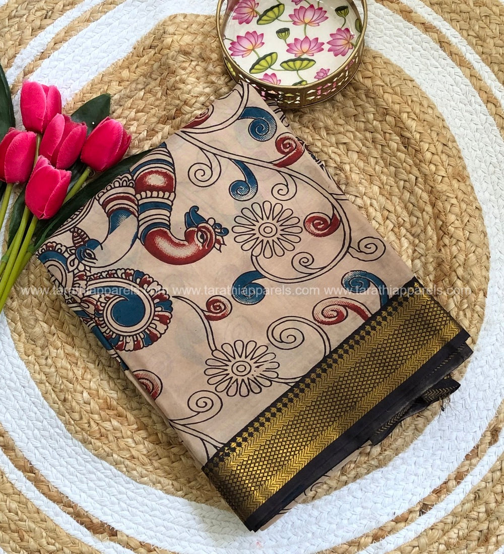 Tarathi Beige Peacock kalamkari saree with Nizam Border