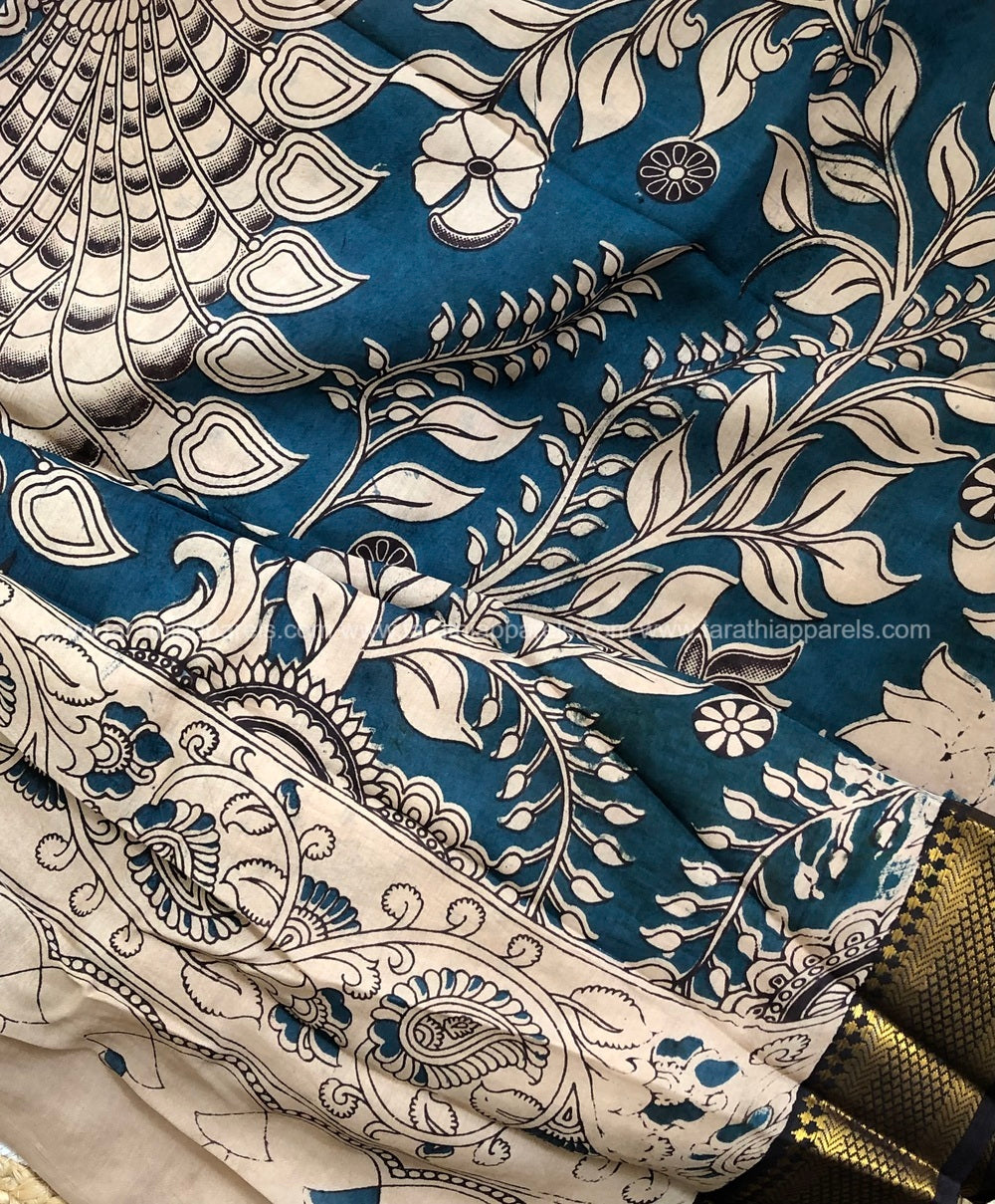 Tarathi Beige Peacock kalamkari saree with Nizam Border