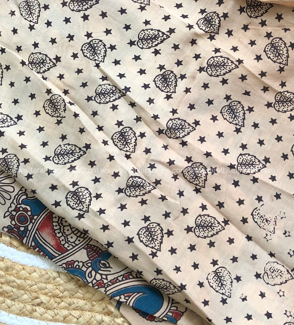 Tarathi Beige Peacock kalamkari saree with Nizam Border