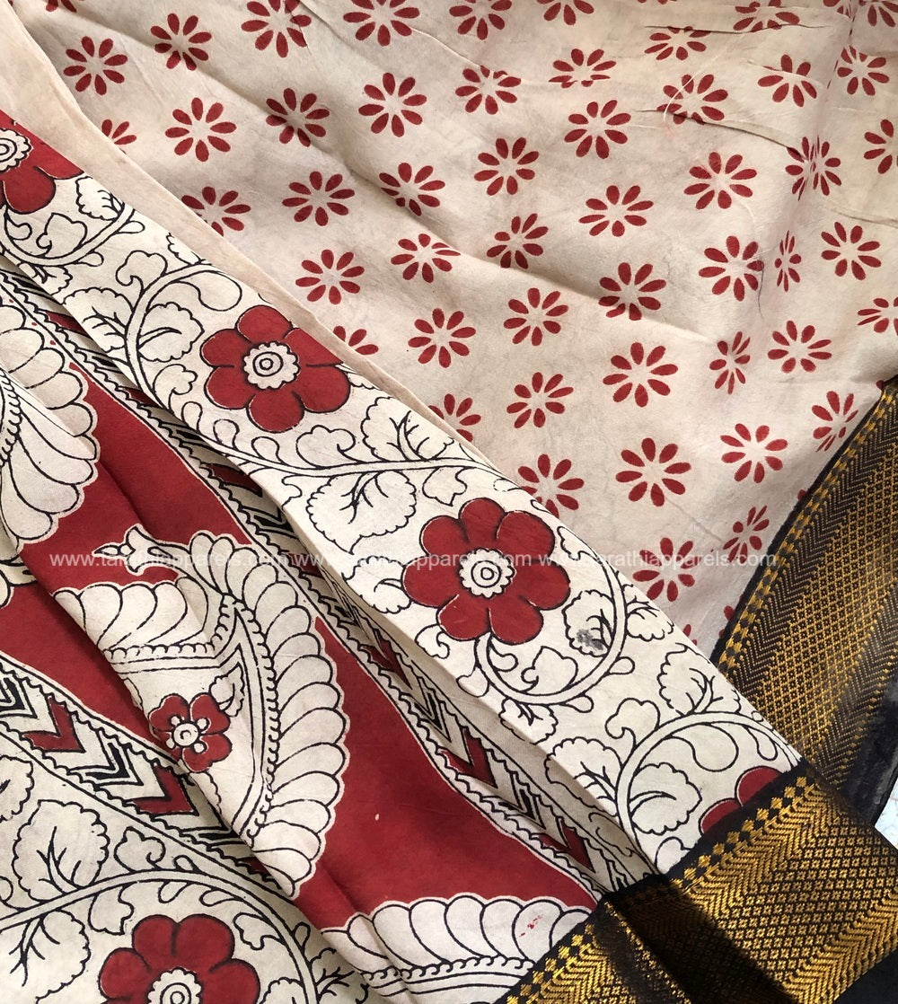 Tarathi  Red kalamkari saree with Nizam Border