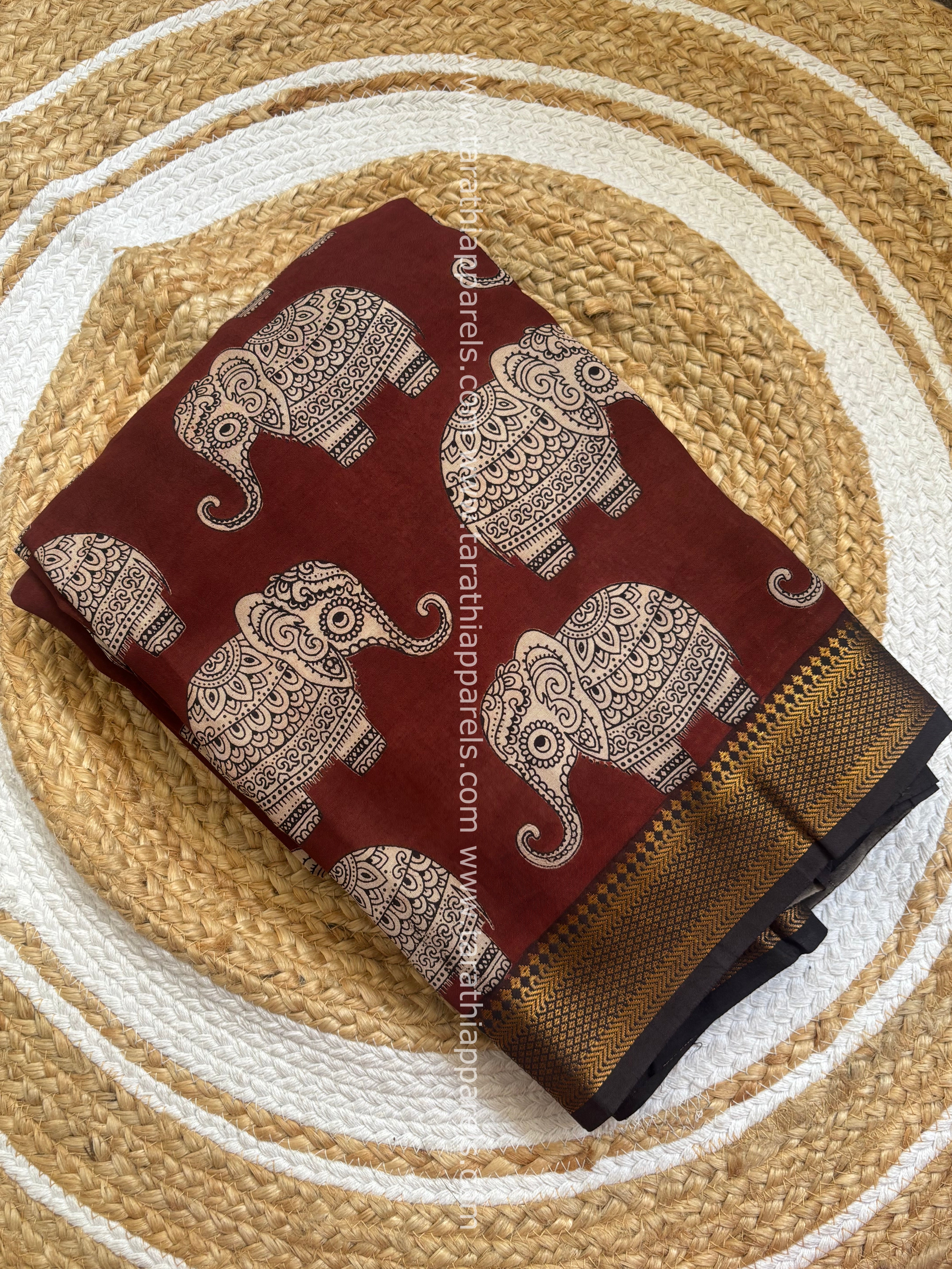 Tarathi Black with Maroon Handblock printed kalamkari saree with Nizam Border KK08