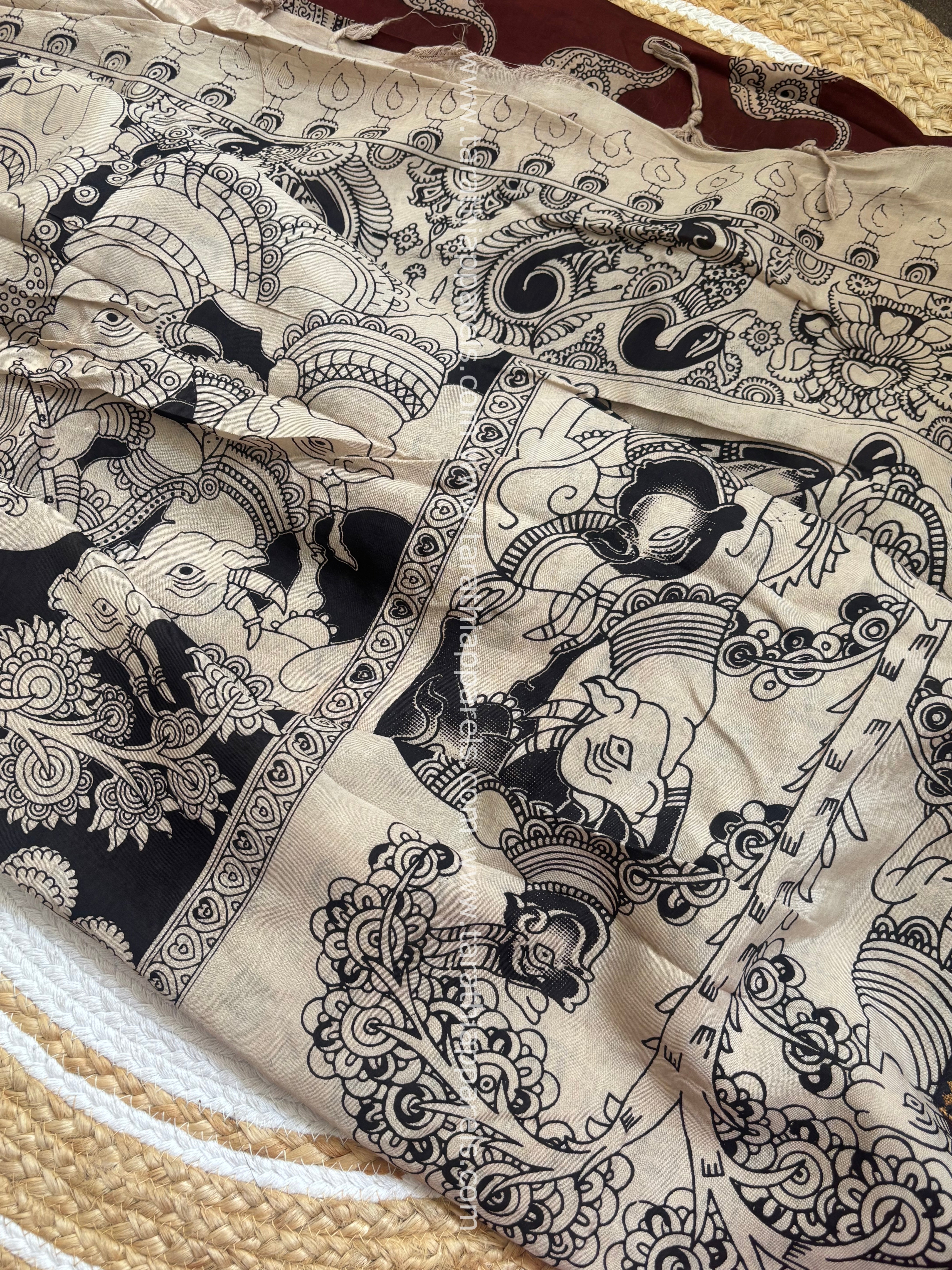 Tarathi Black with Maroon Handblock printed kalamkari saree with Nizam Border KK08