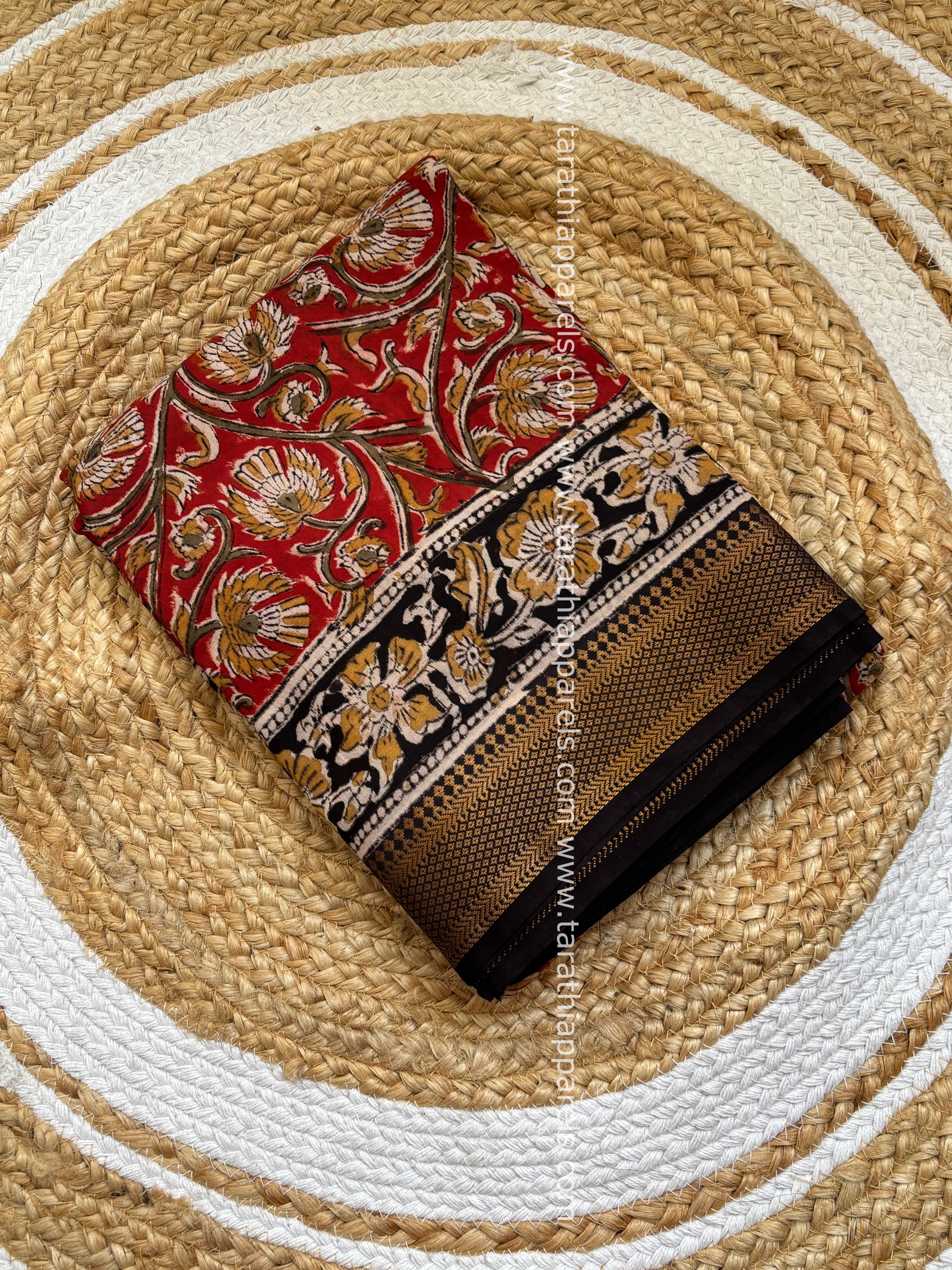 Tarathi Black with Maroon Handblock printed kalamkari saree with Nizam Border KK10