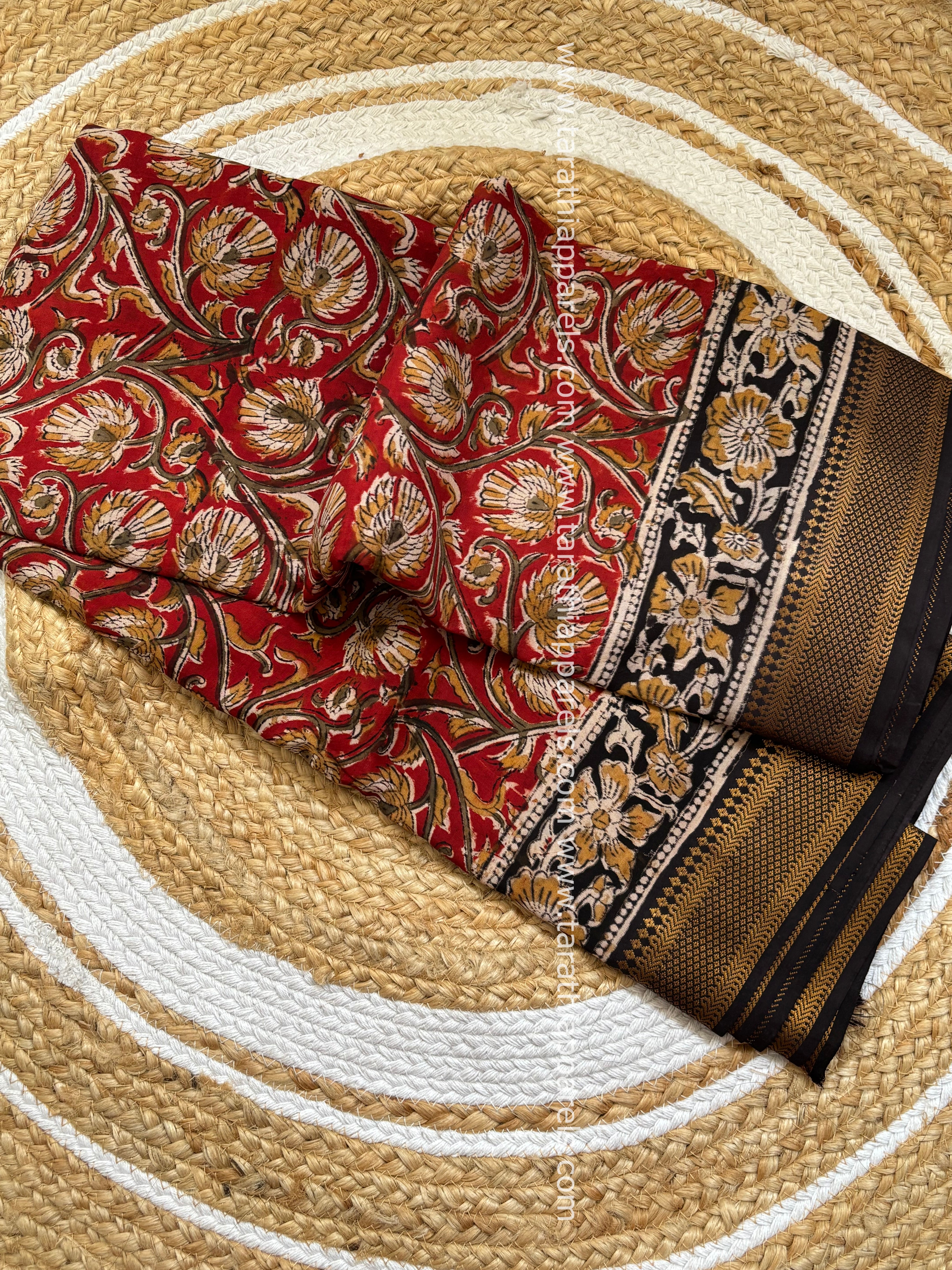Tarathi Black with Maroon Handblock printed kalamkari saree with Nizam Border KK10