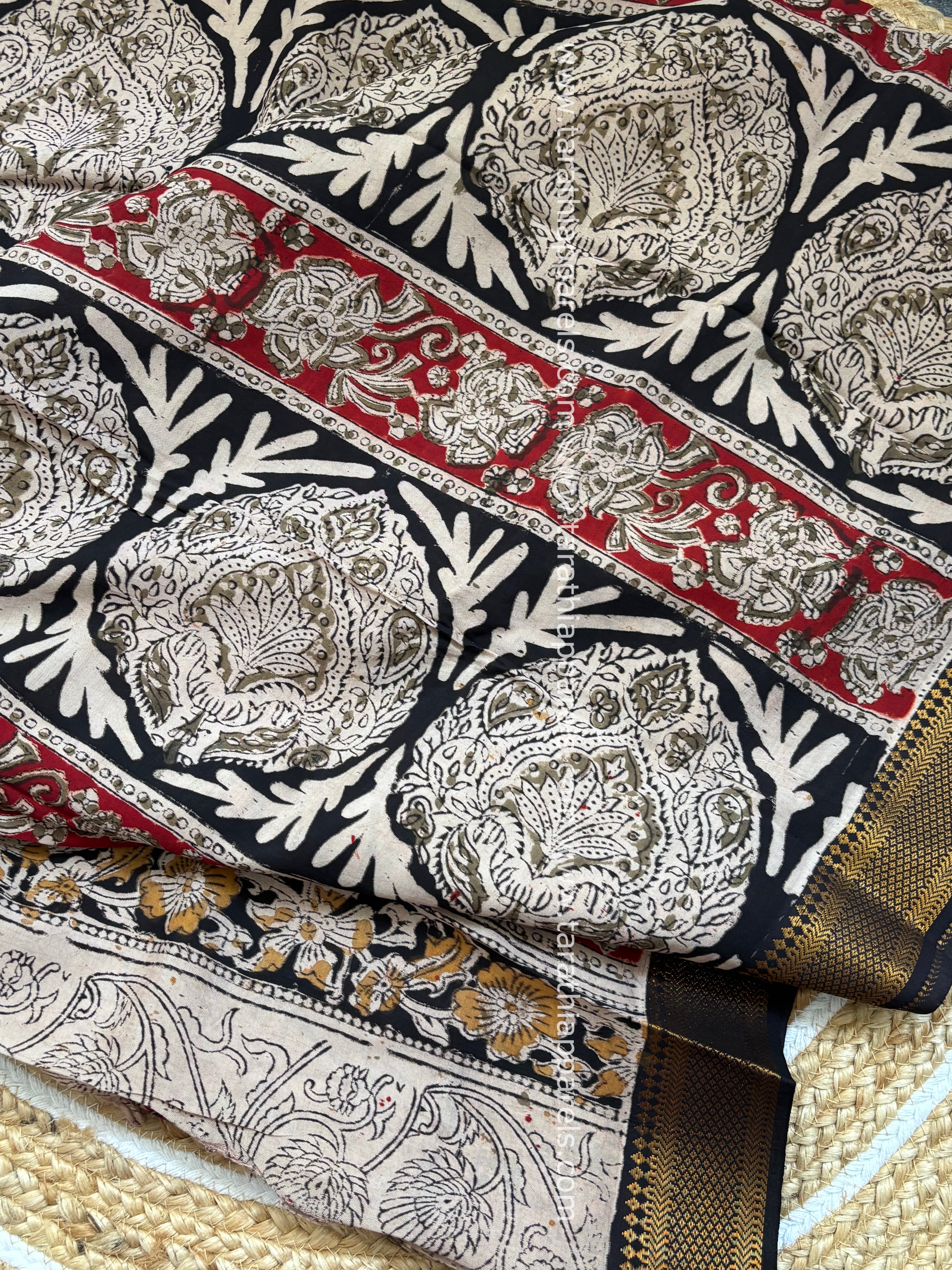 Tarathi Black with Maroon Handblock printed kalamkari saree with Nizam Border KK10