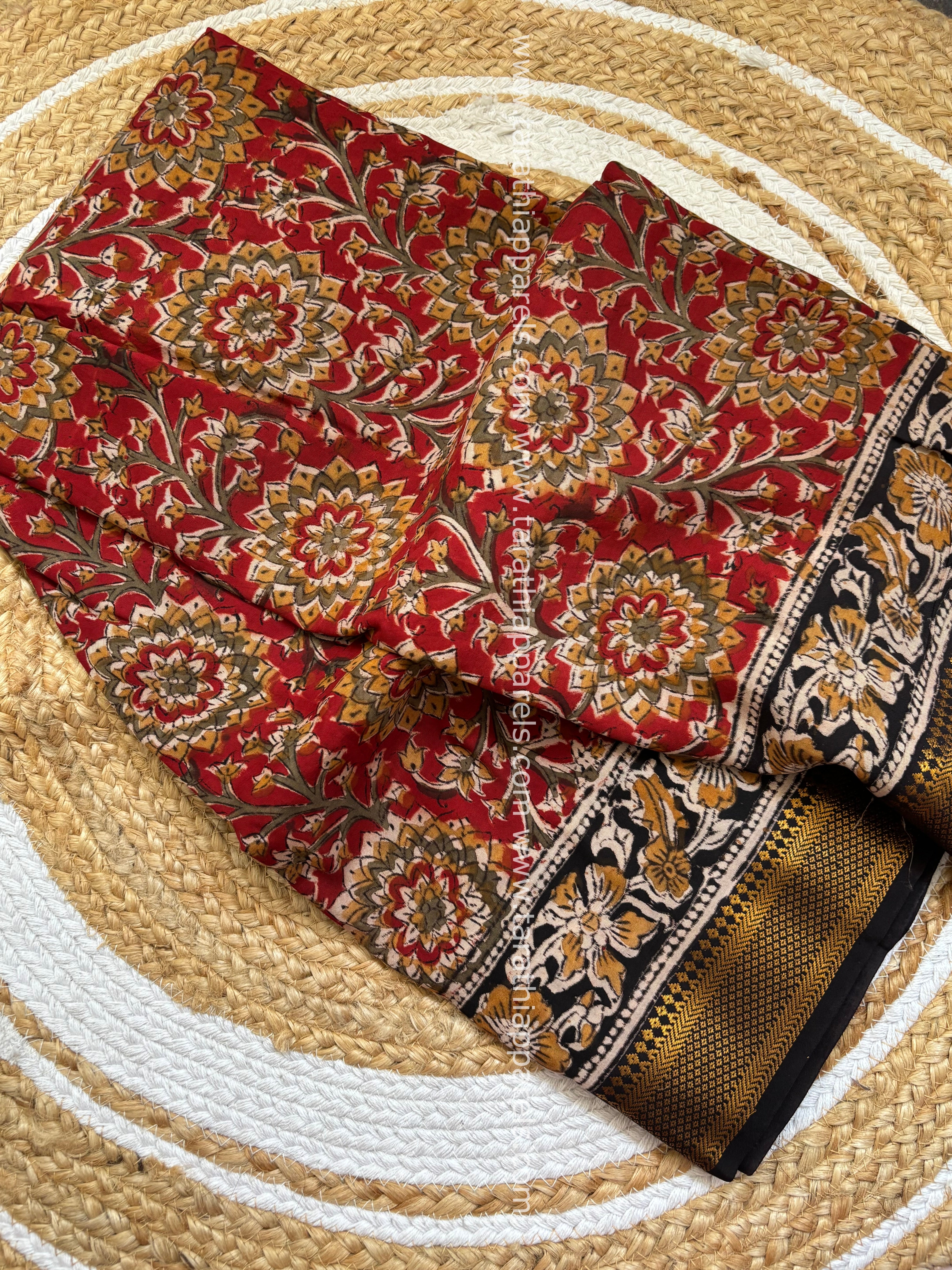 Tarathi Black with Maroon Handblock printed kalamkari saree with Nizam Border KK11