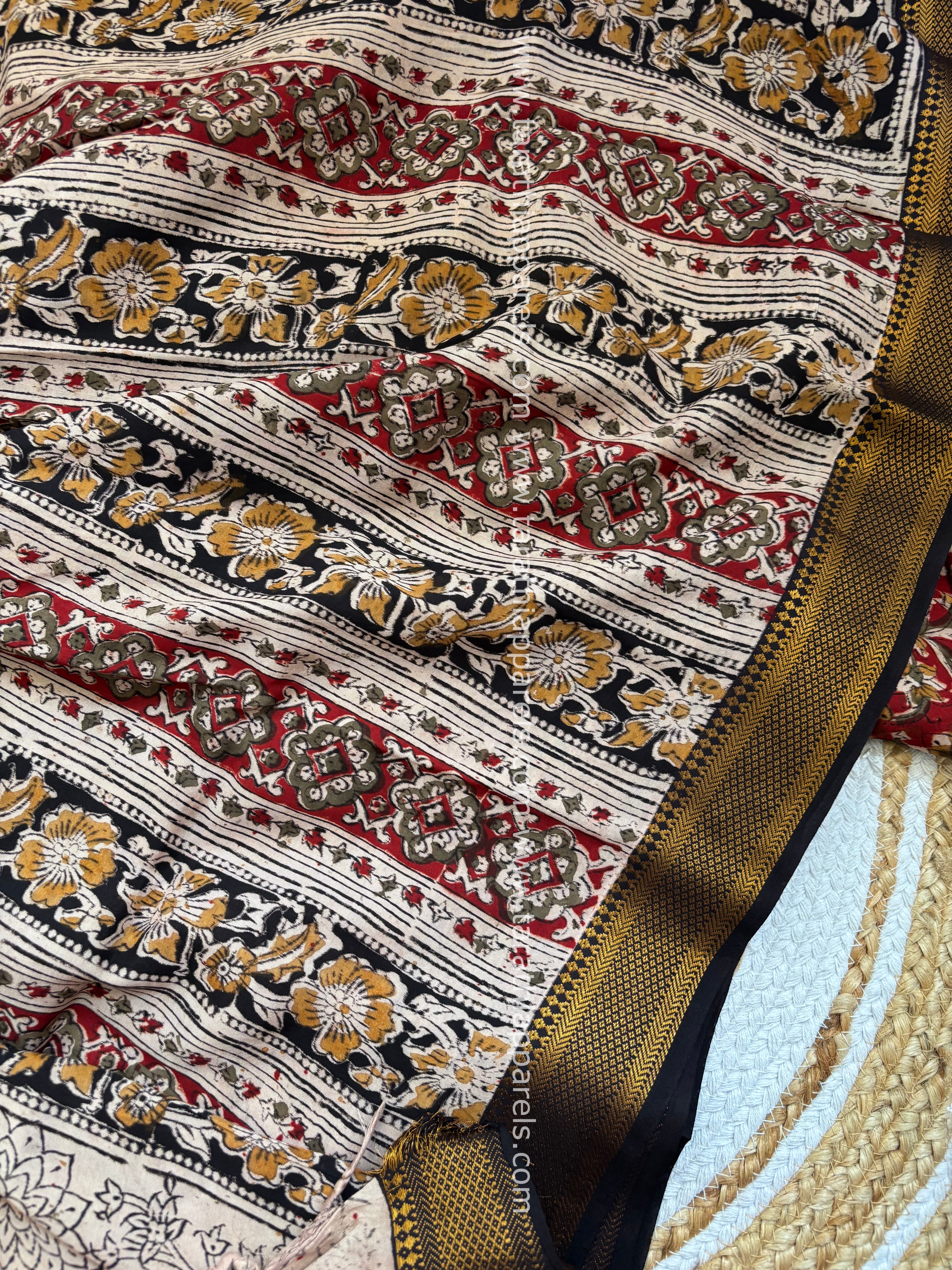Tarathi Black with Maroon Handblock printed kalamkari saree with Nizam Border KK11