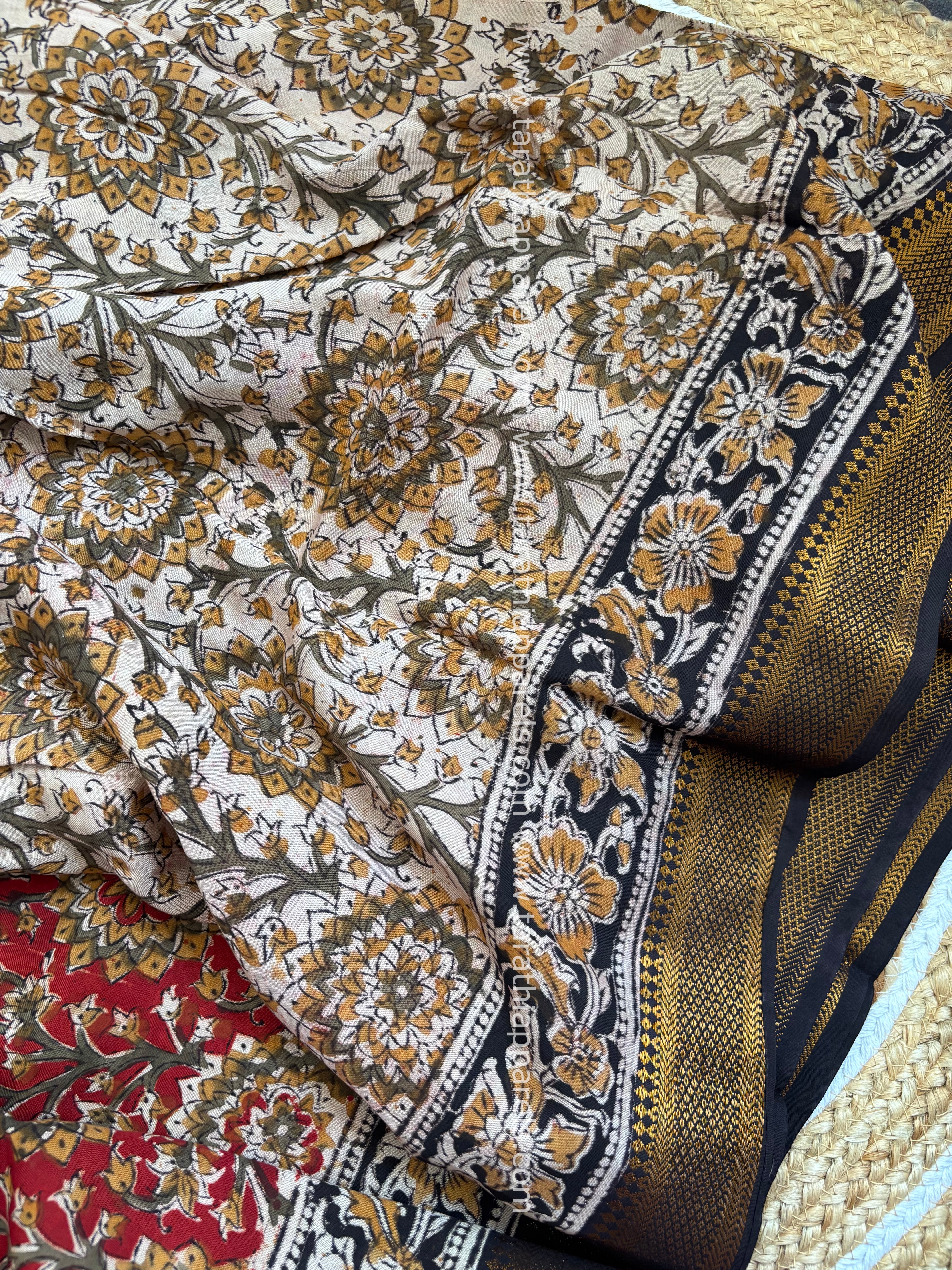 Tarathi Black with Maroon Handblock printed kalamkari saree with Nizam Border KK11