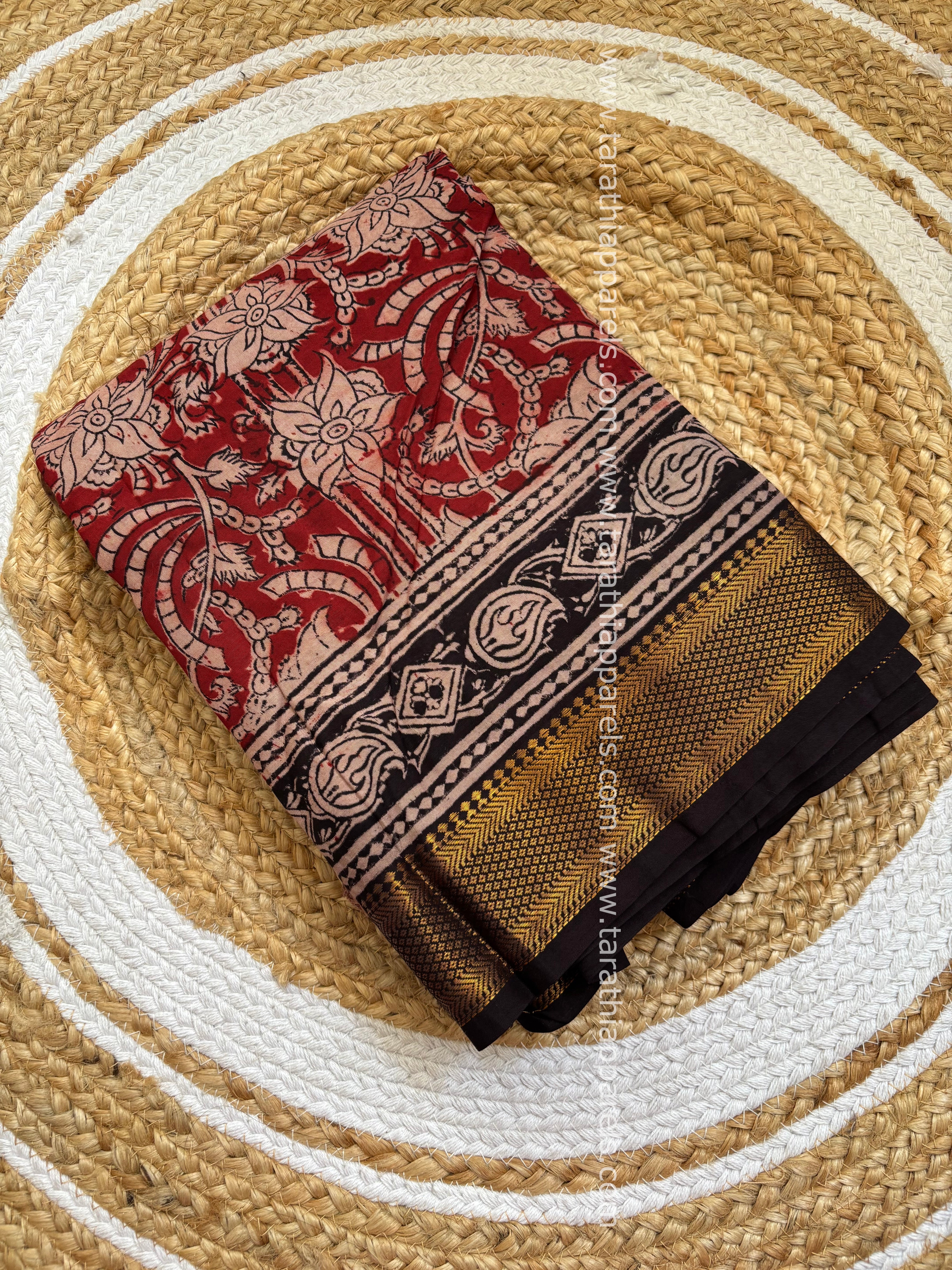 Tarathi Black with Maroon Handblock printed kalamkari saree with Nizam Border KK12