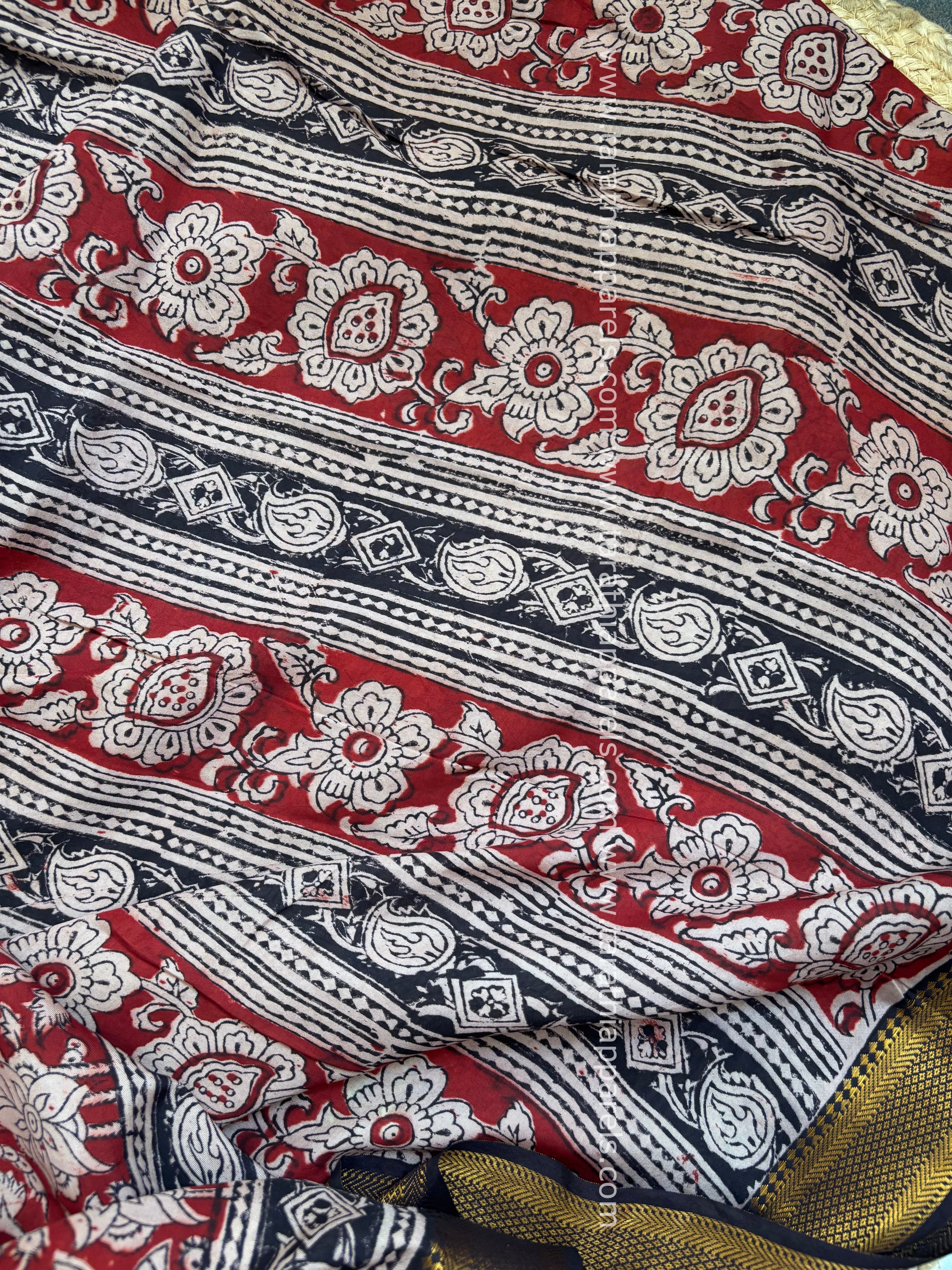 Tarathi Black with Maroon Handblock printed kalamkari saree with Nizam Border KK12