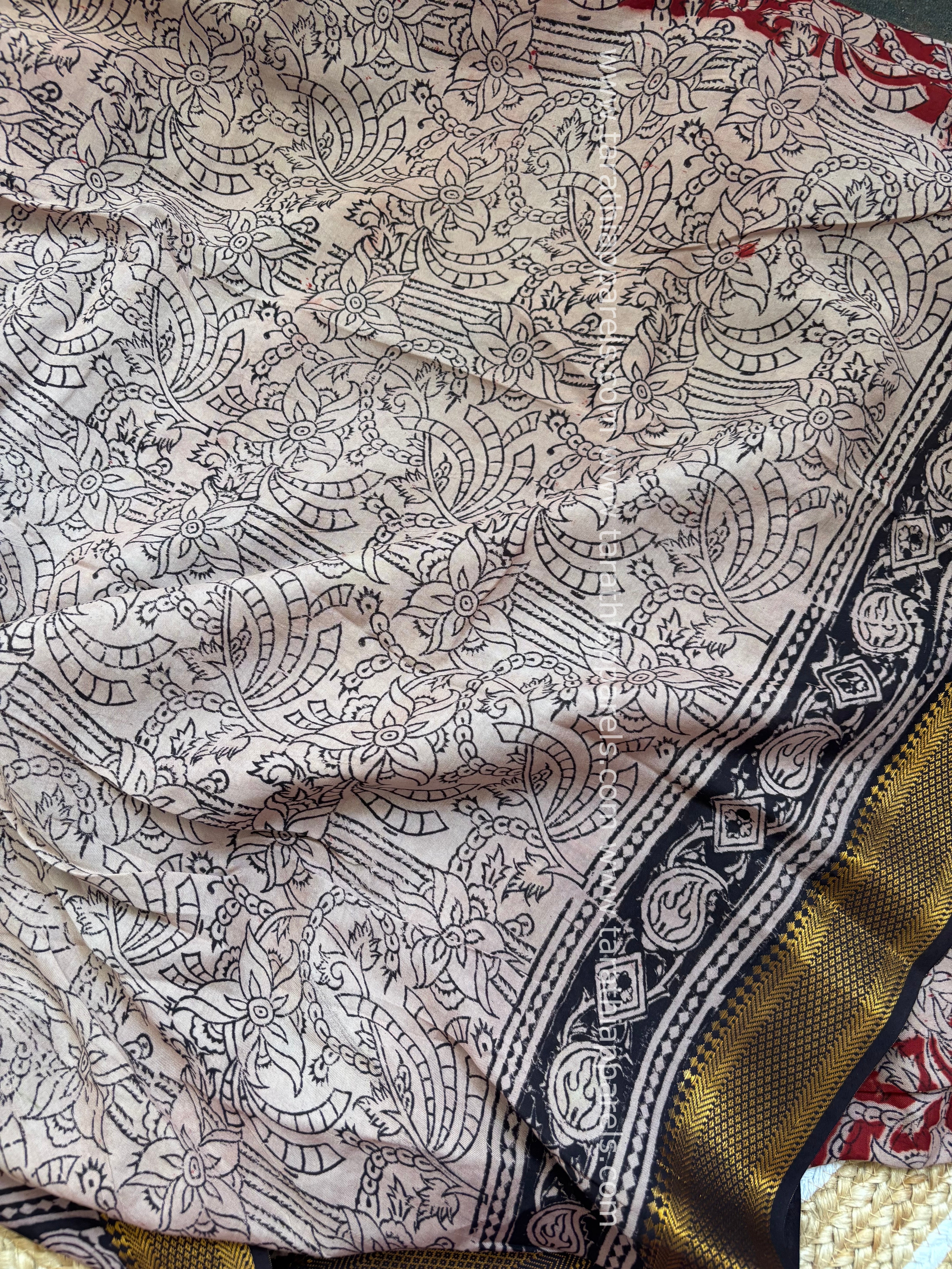 Tarathi Black with Maroon Handblock printed kalamkari saree with Nizam Border KK12