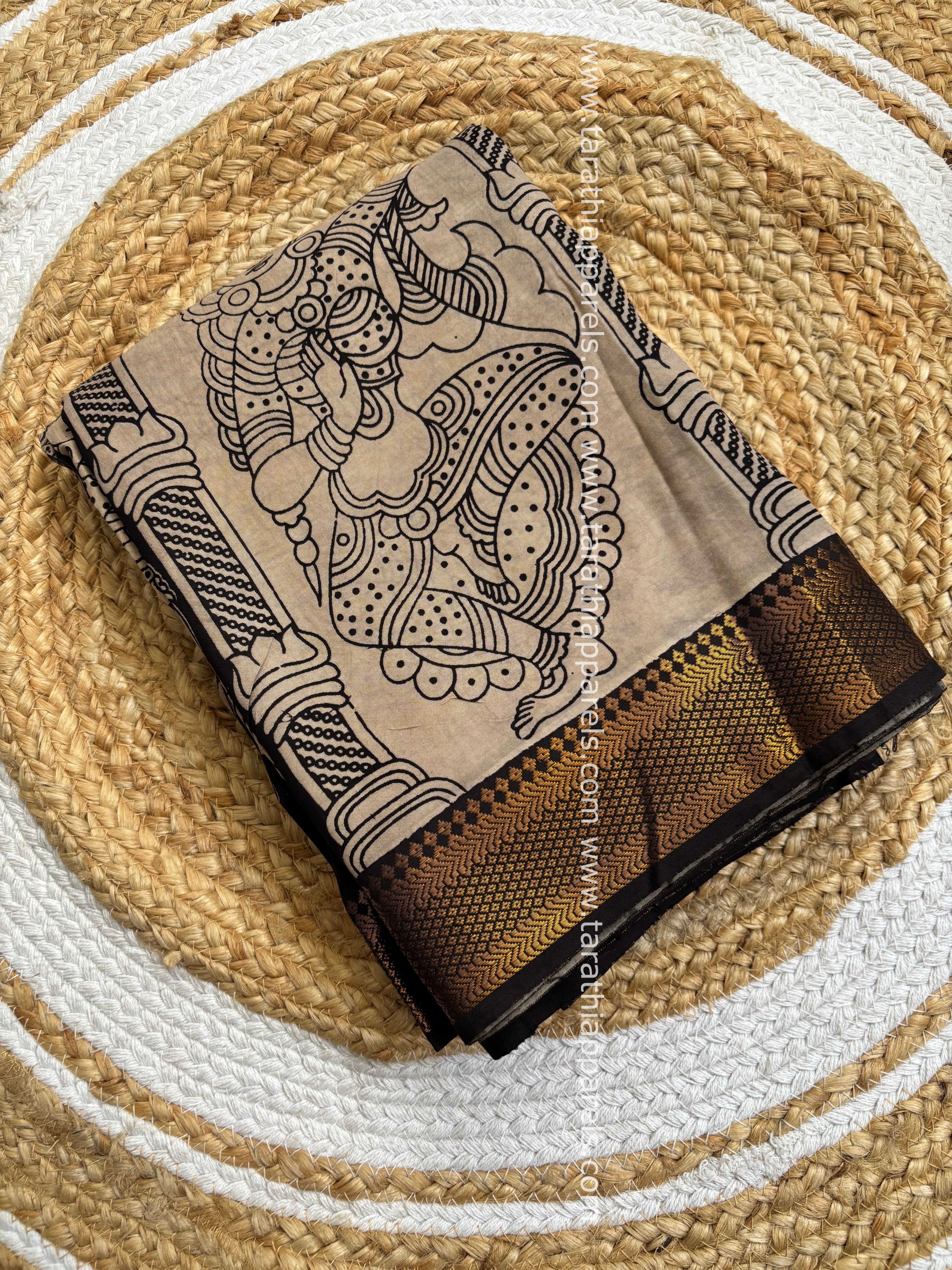 Tarathi Black Handblock printed kalamkari saree with Nizam Border KK16