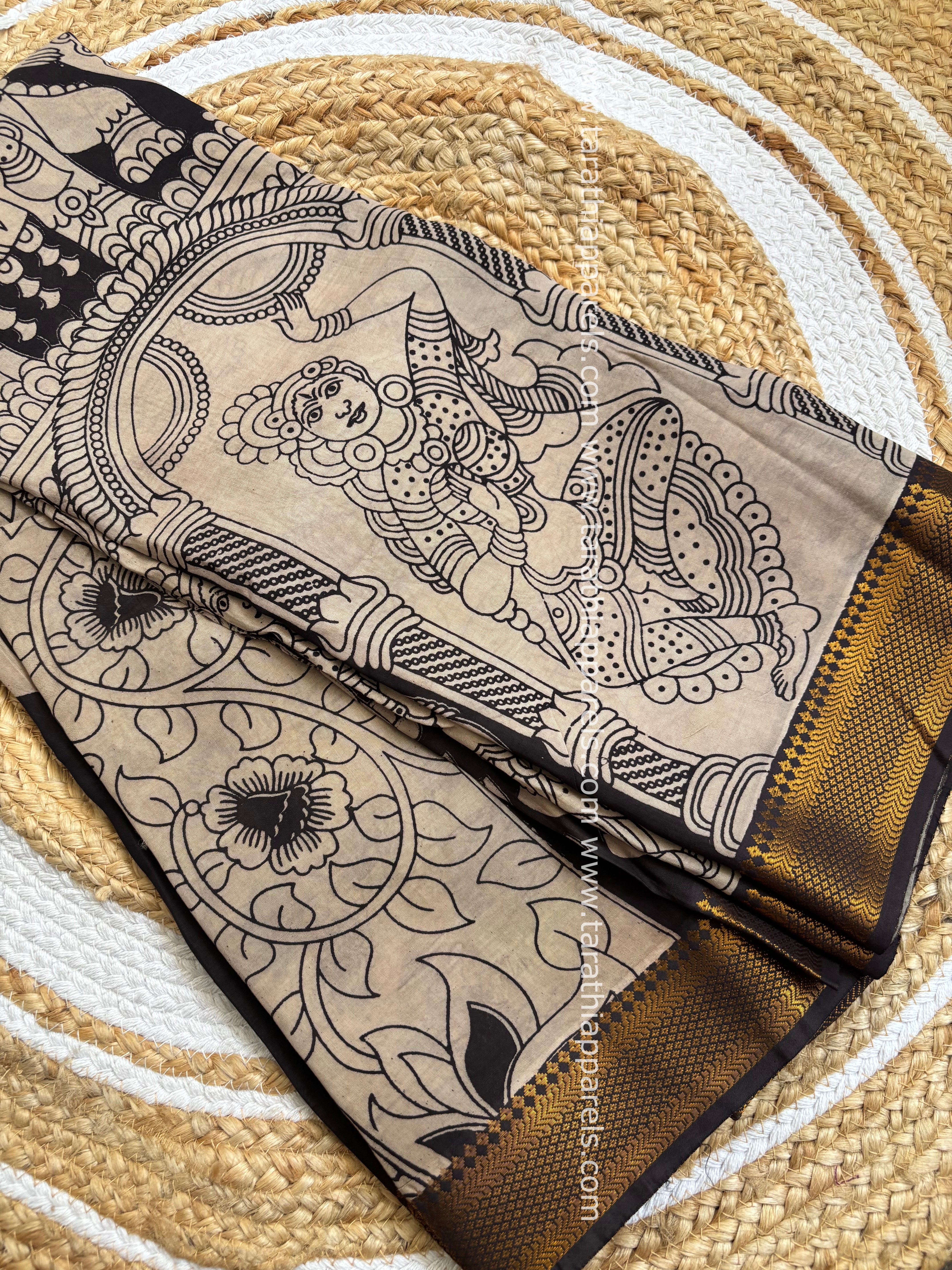Tarathi Black Handblock printed kalamkari saree with Nizam Border KK16