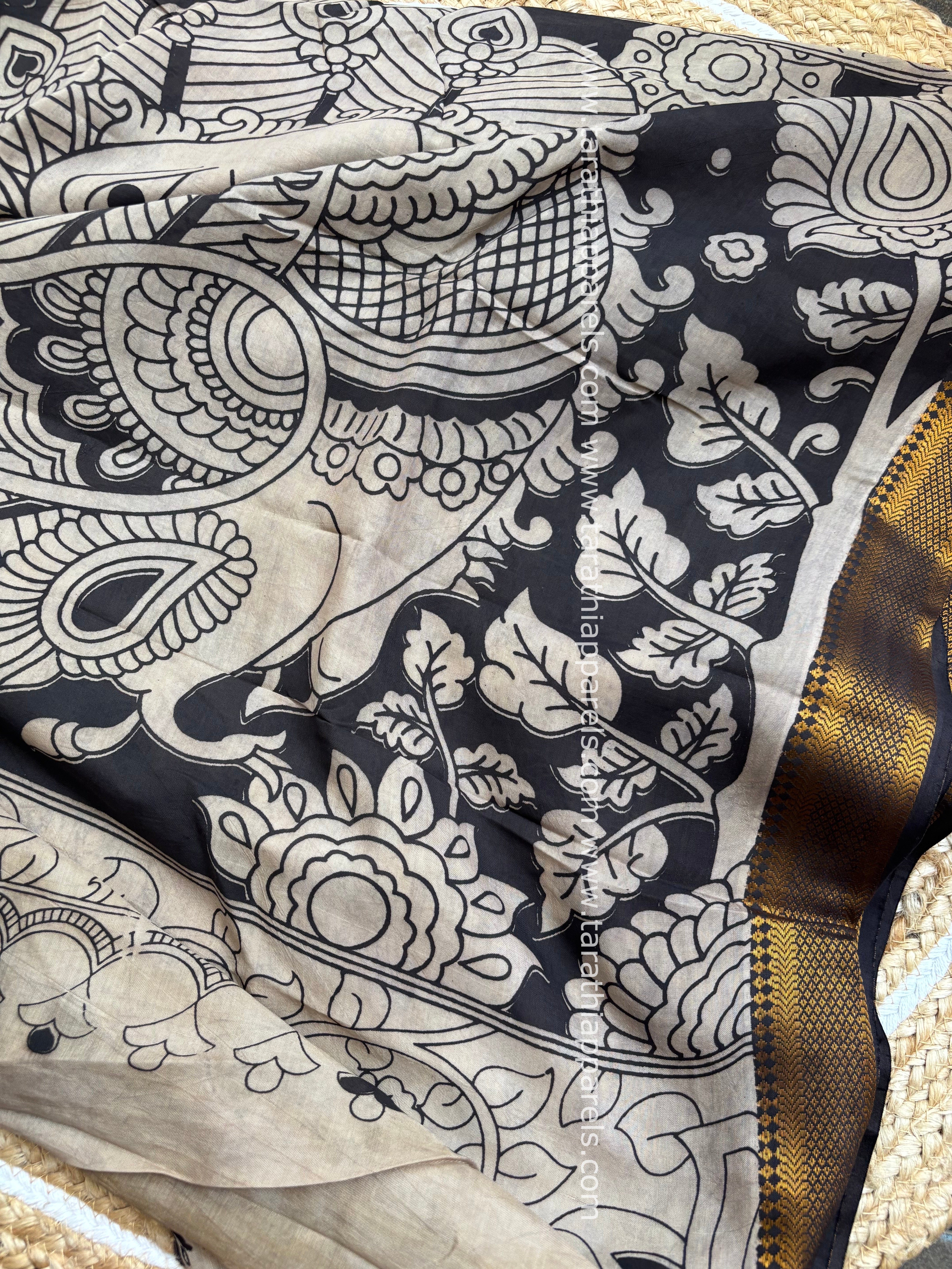 Tarathi Black Handblock printed kalamkari saree with Nizam Border KK16