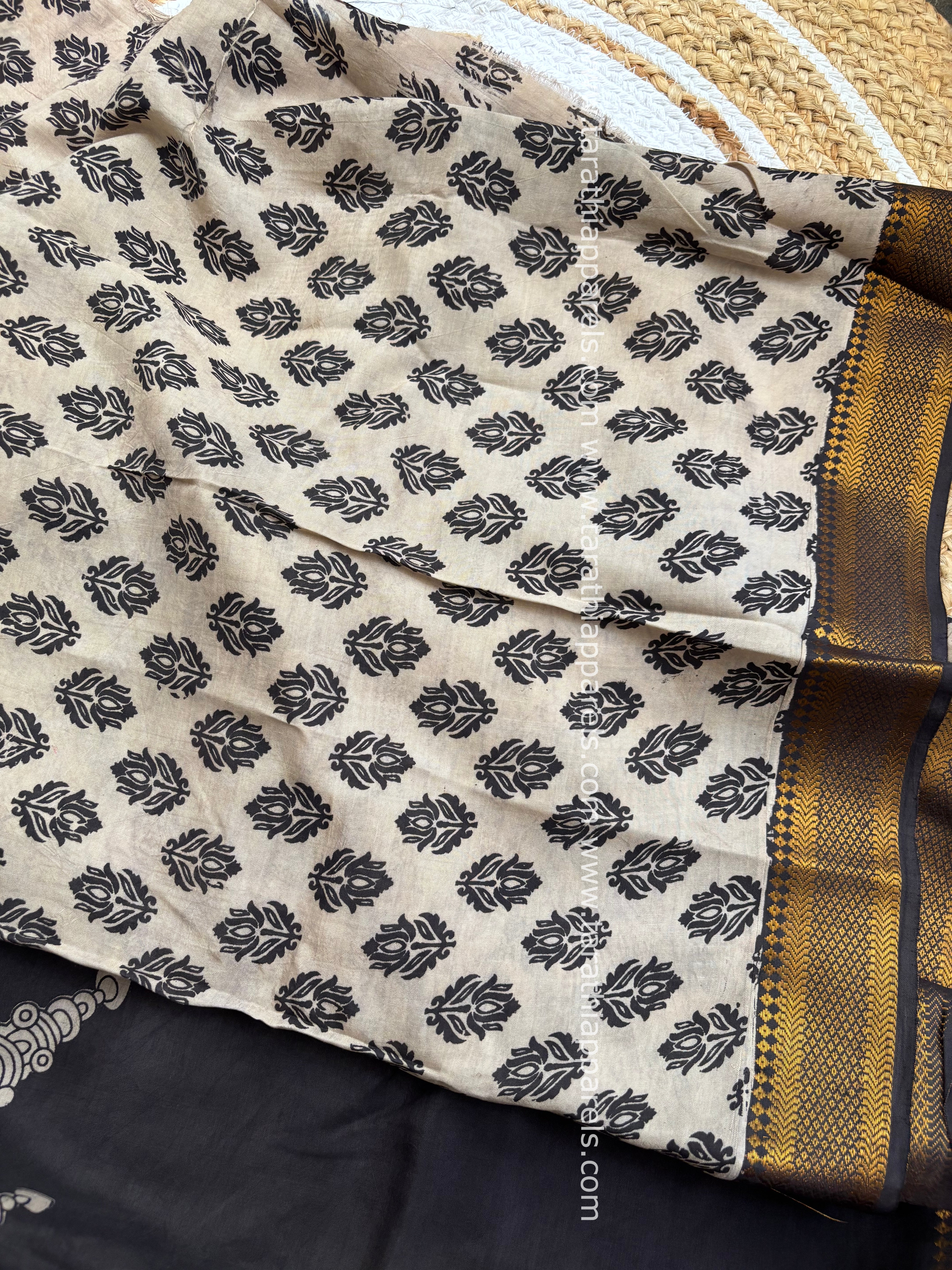 Tarathi Black Handblock printed kalamkari saree with Nizam Border KK16