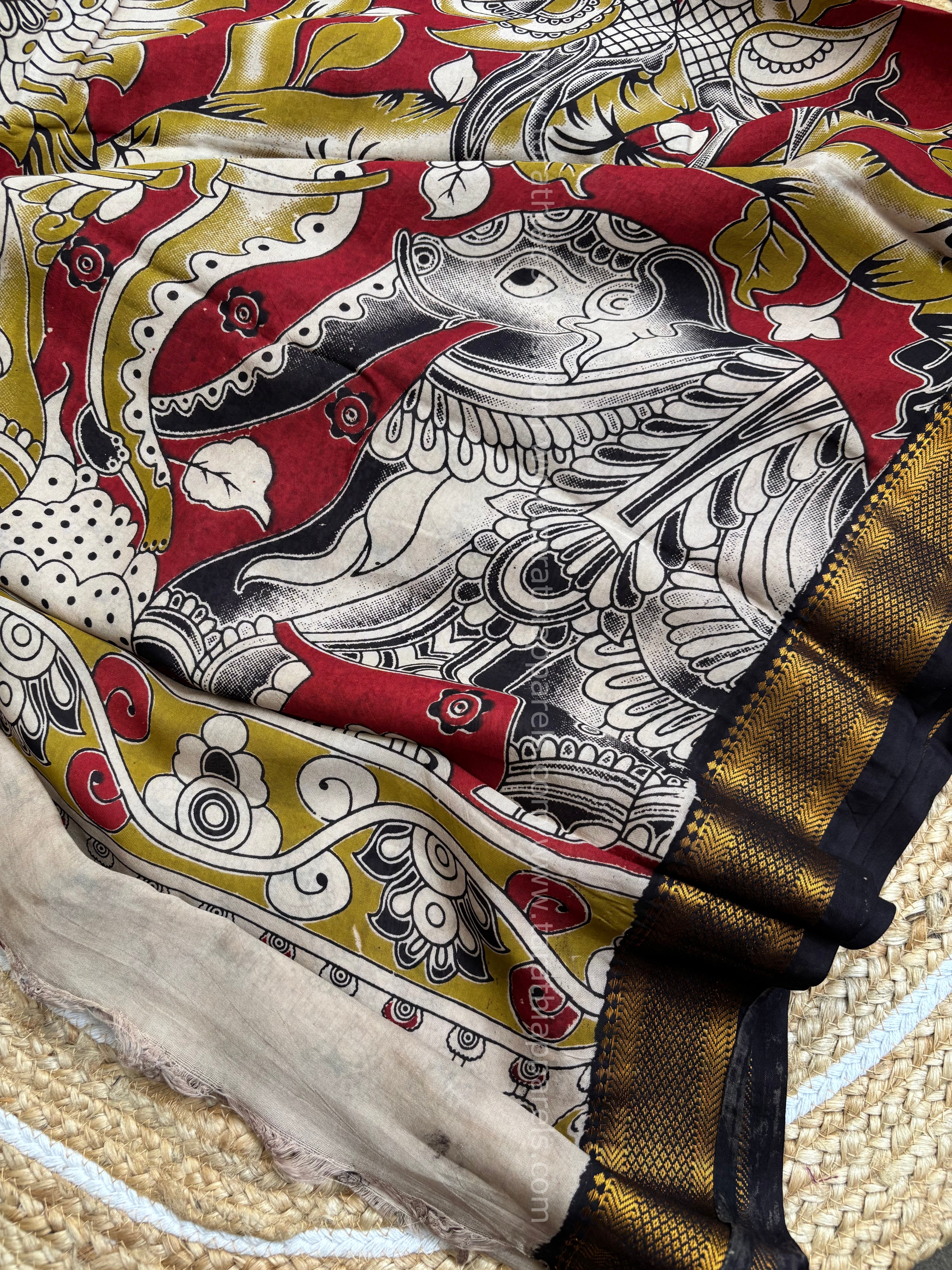 Tarathi Black with Maroon Handblock printed kalamkari saree with Nizam Border  KK17