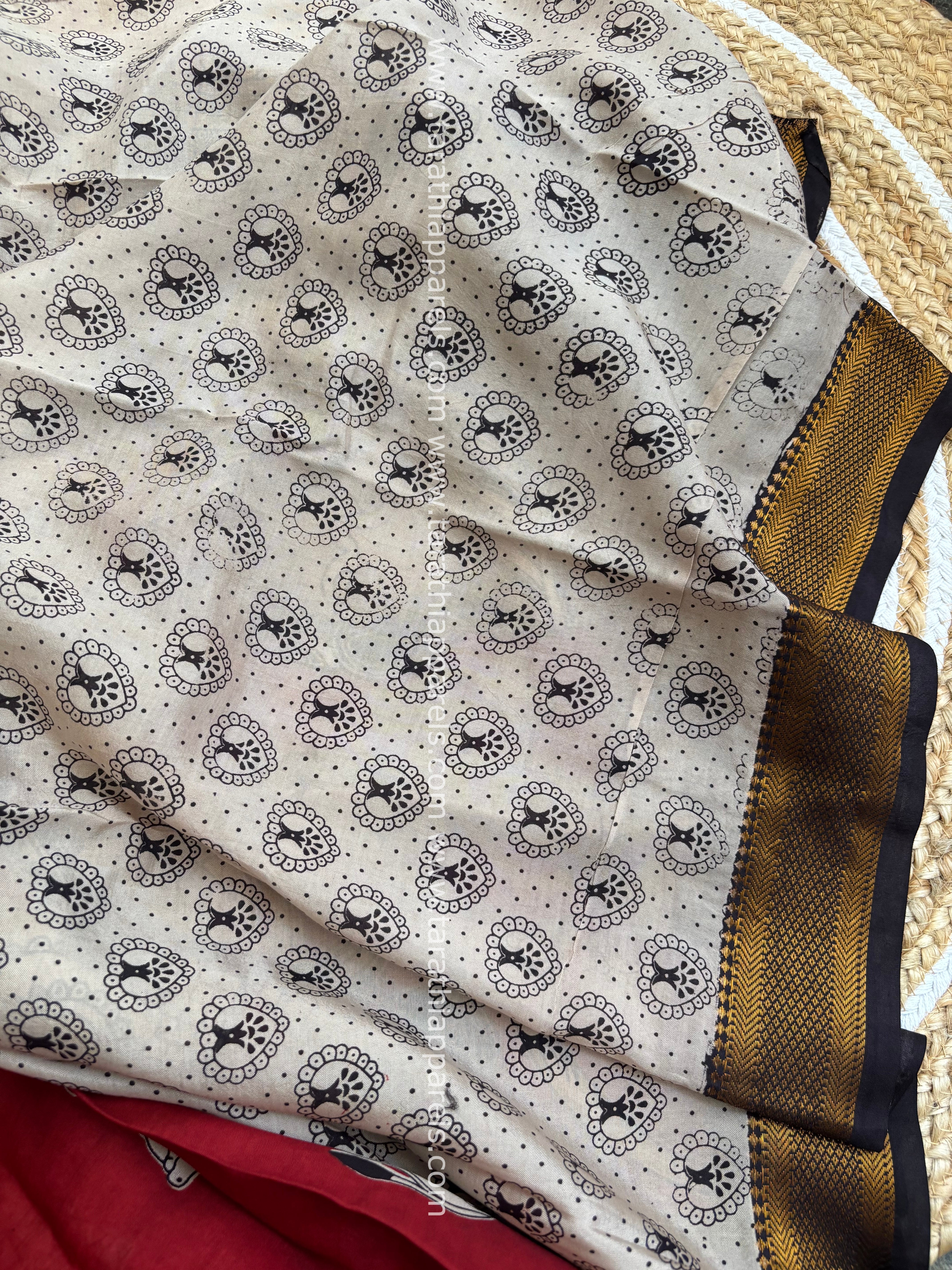 Tarathi Black with Maroon Handblock printed kalamkari saree with Nizam Border  KK17