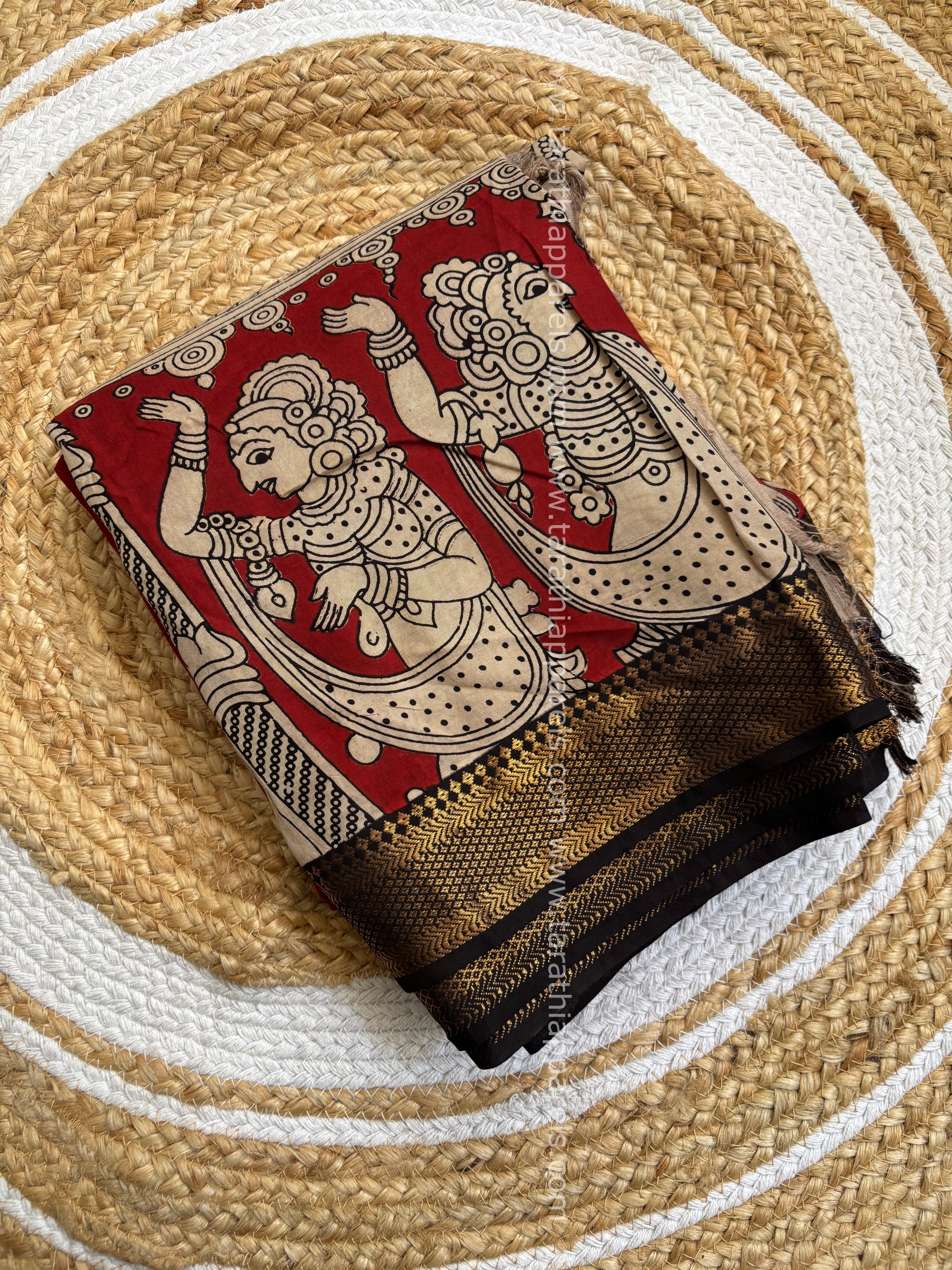 Tarathi Black with Maroon Handblock printed kalamkari saree with Nizam Border KK18