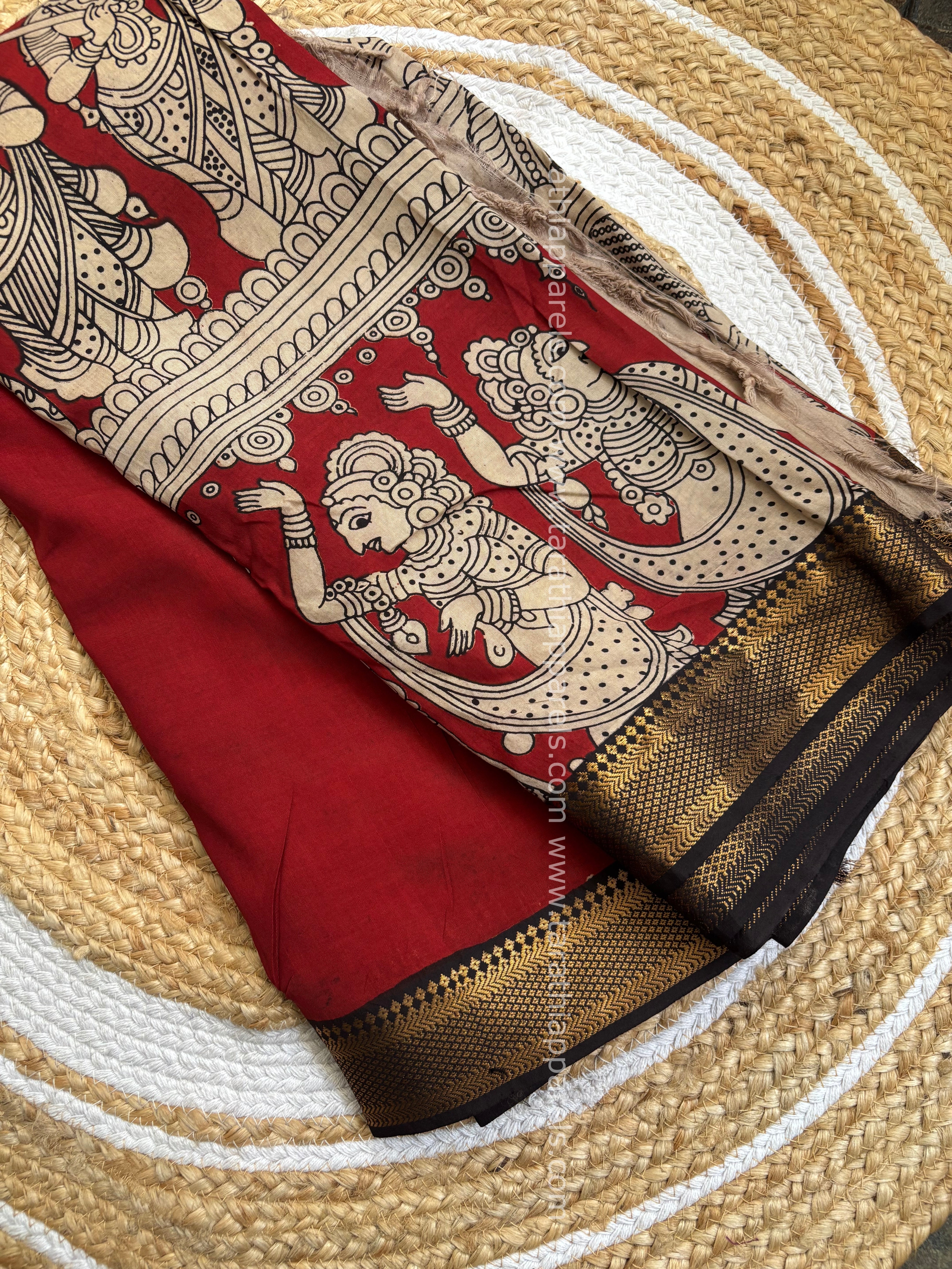 Tarathi Black with Maroon Handblock printed kalamkari saree with Nizam Border KK18