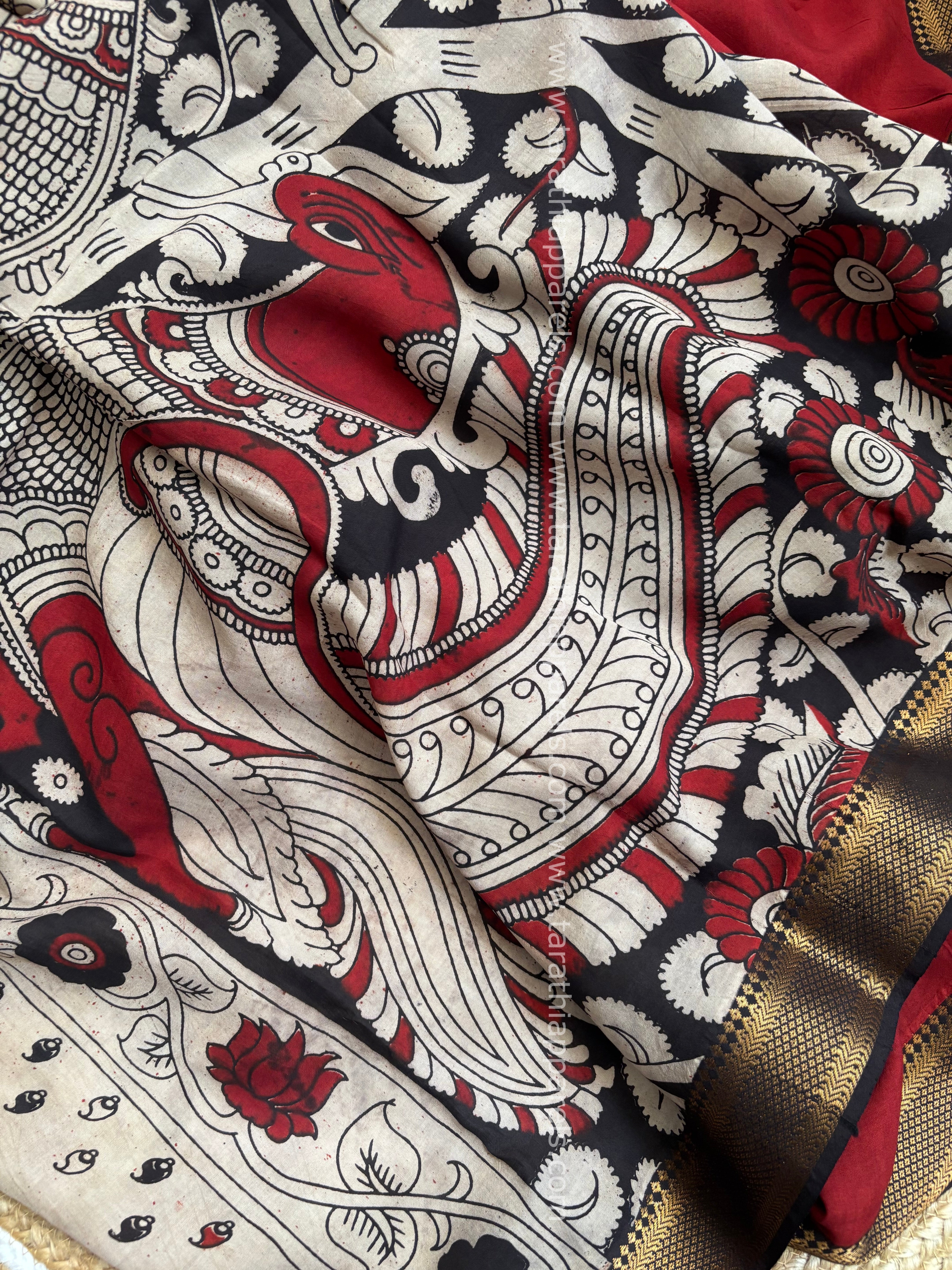 Tarathi Black with Maroon Handblock printed kalamkari saree with Nizam Border KK18