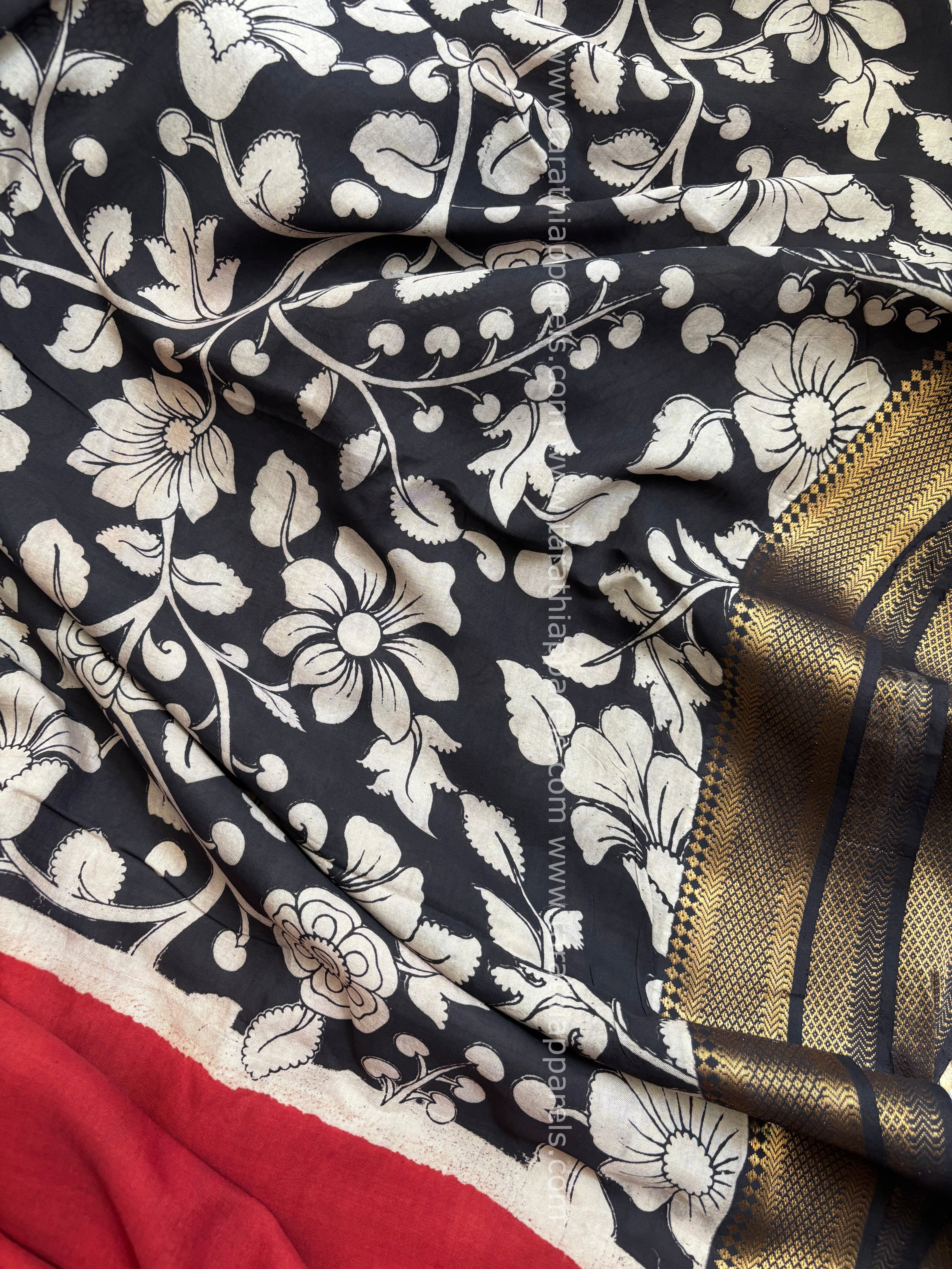 Tarathi Black with Maroon Handblock printed kalamkari saree with Nizam Border KK18