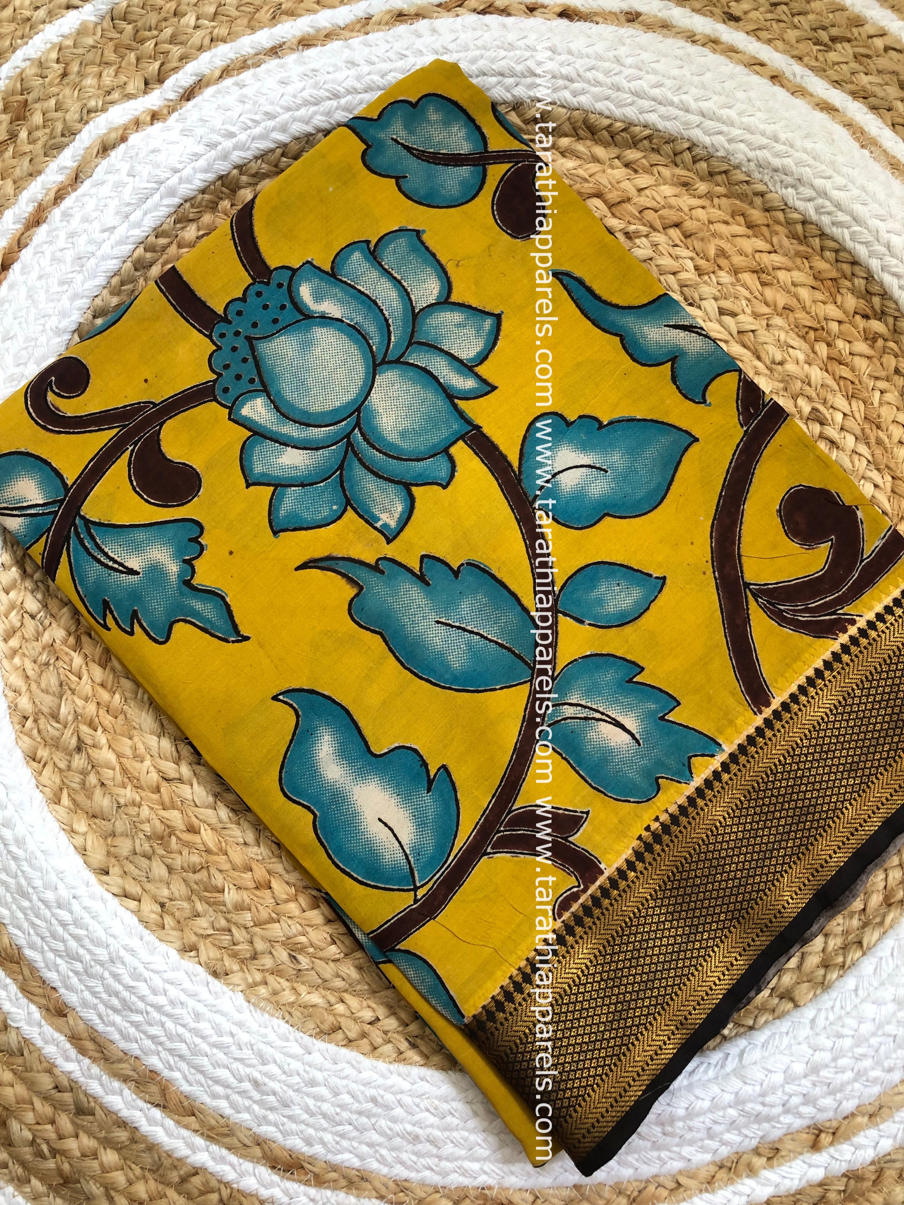 Tarathi Yellow Handblock printed kalamkari saree with Nizam Border KK20
